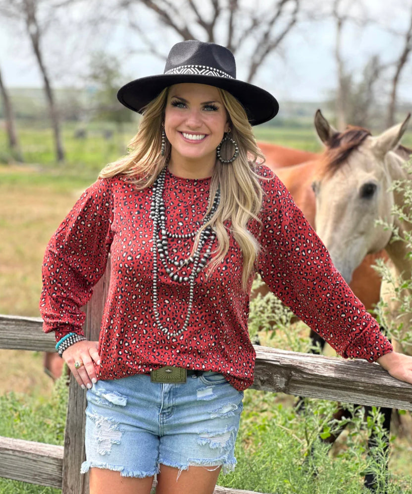 Remi Rust Leopard Long Sleeve Top - Forever Western Boutique