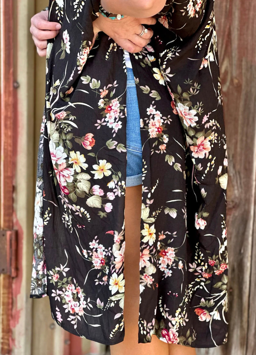 CecI Black Floral Short Sleeve Kimono - Forever Western Boutique