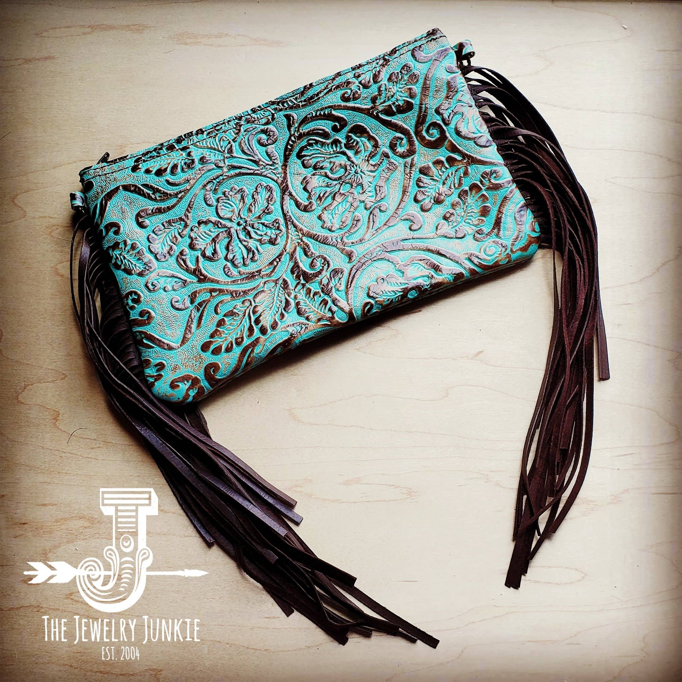 Embossed Cowboy Turquoise Leather Clutch Handbag - Forever Western Boutique