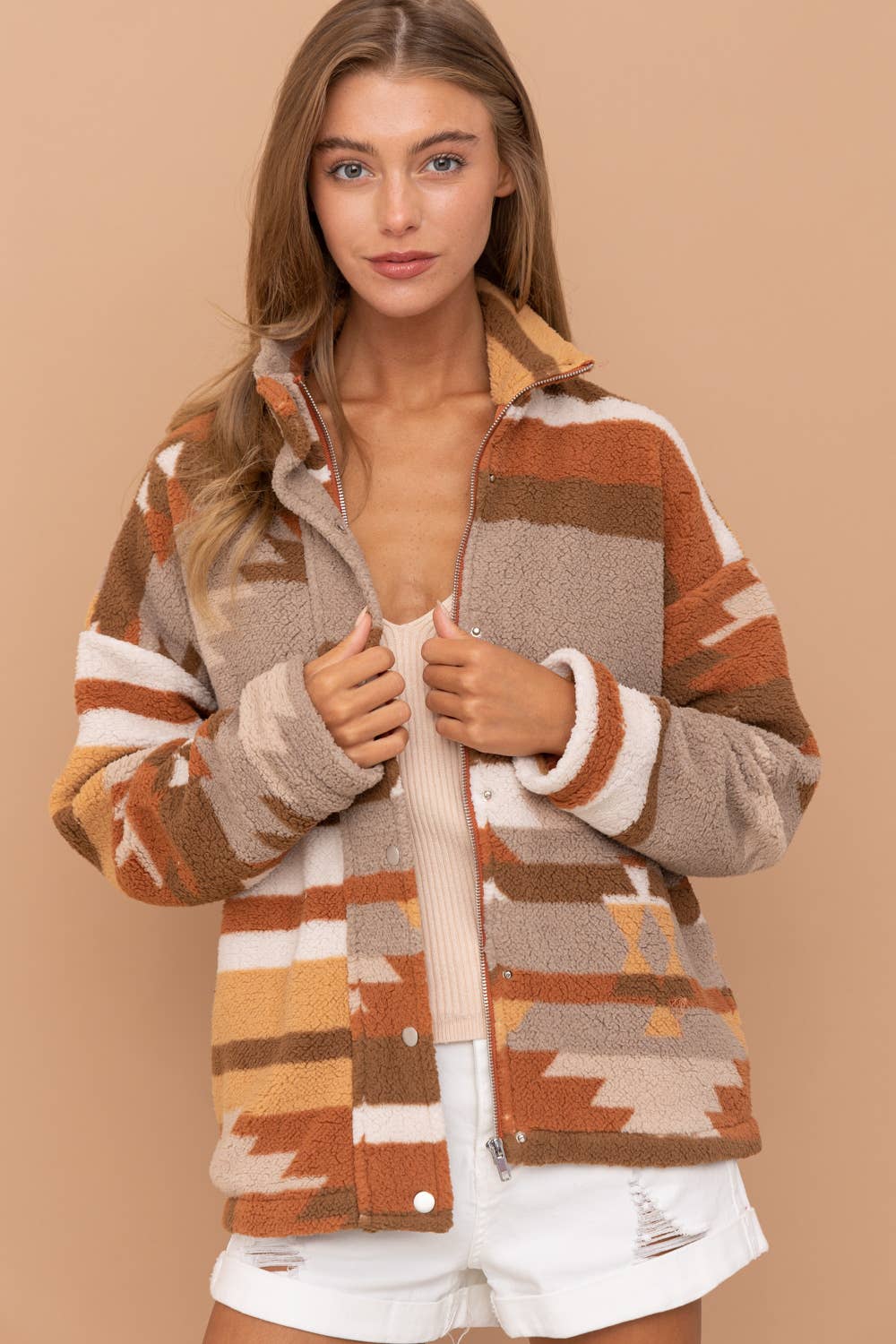 31851J - Aztec Soft Cozy Zip Up Lined Snap Up Jacket: SMALL / SIENNA - Forever Western Boutique