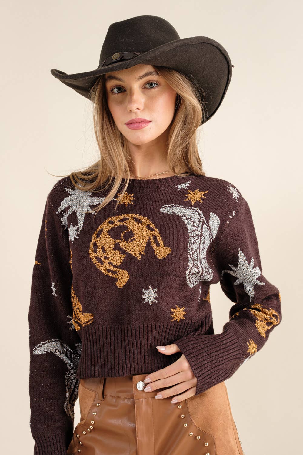Western Metallic Cowboy Sweater: BROWN