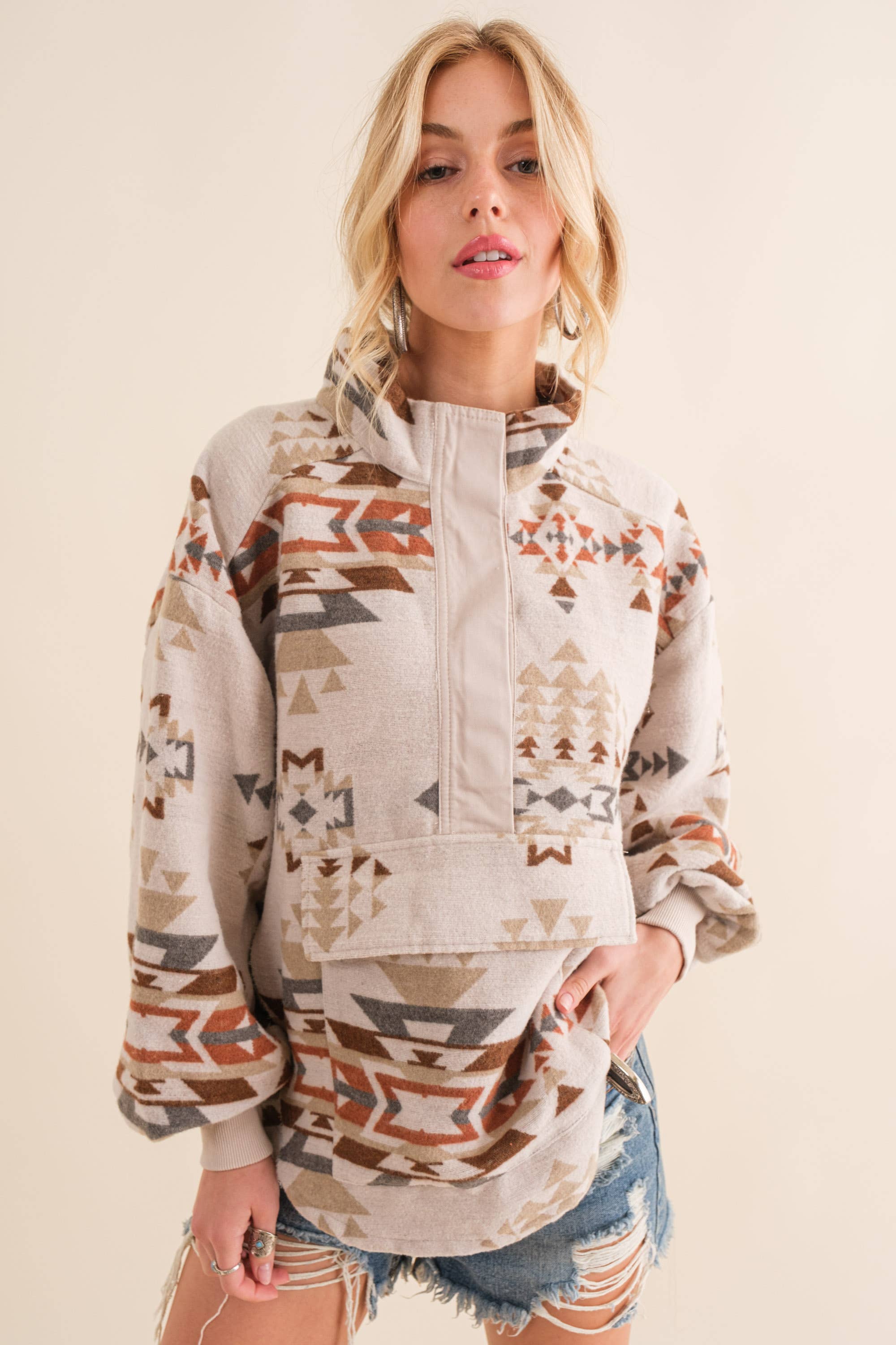 34198J - Blue B Exclusive Aztec Western Jacquard Pullover: S / TAUPE - Forever Western Boutique