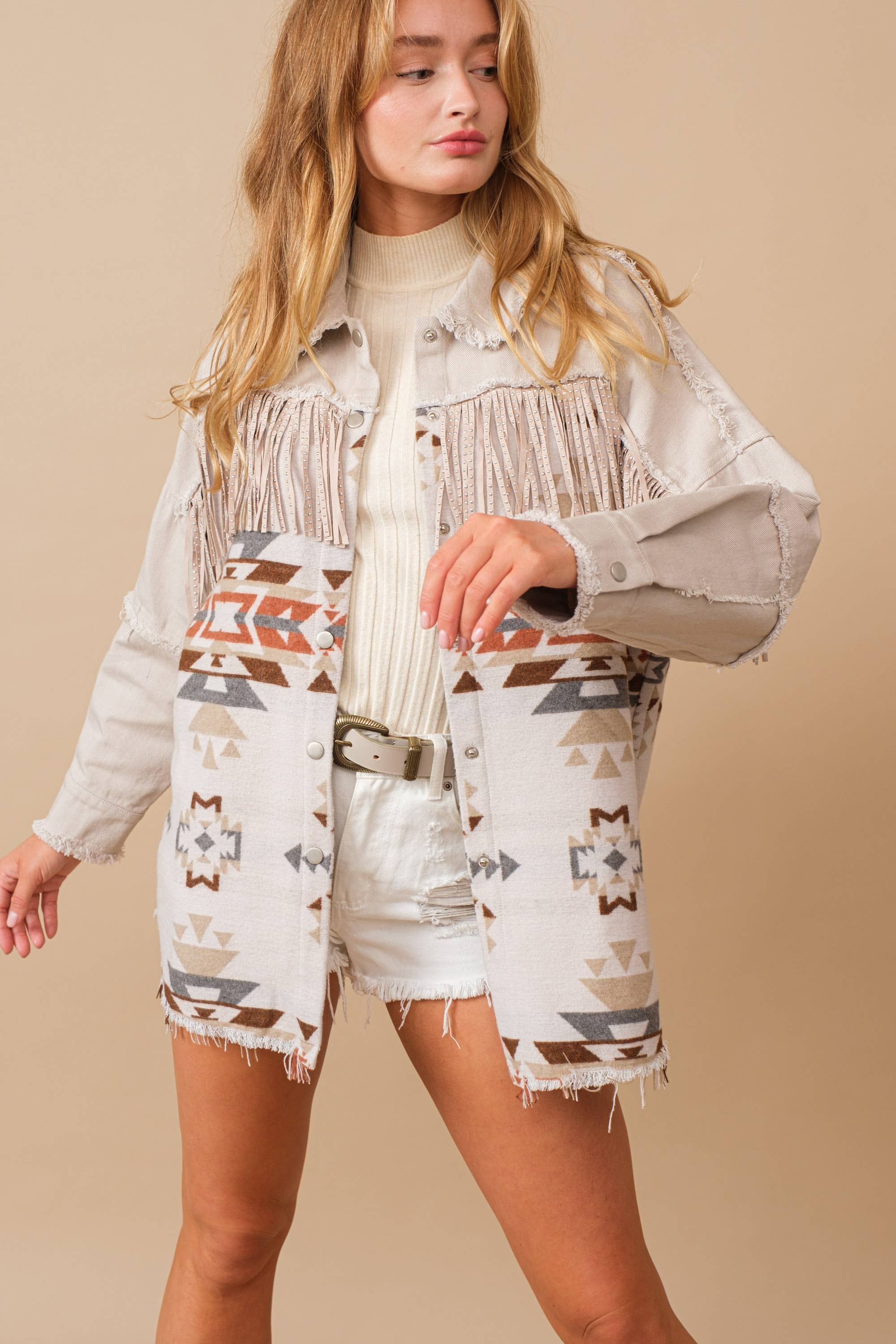 34260J - Blue B Exclusive Aztec Contrast Frayed Shirt Jacket: TAUPE / S - Forever Western Boutique