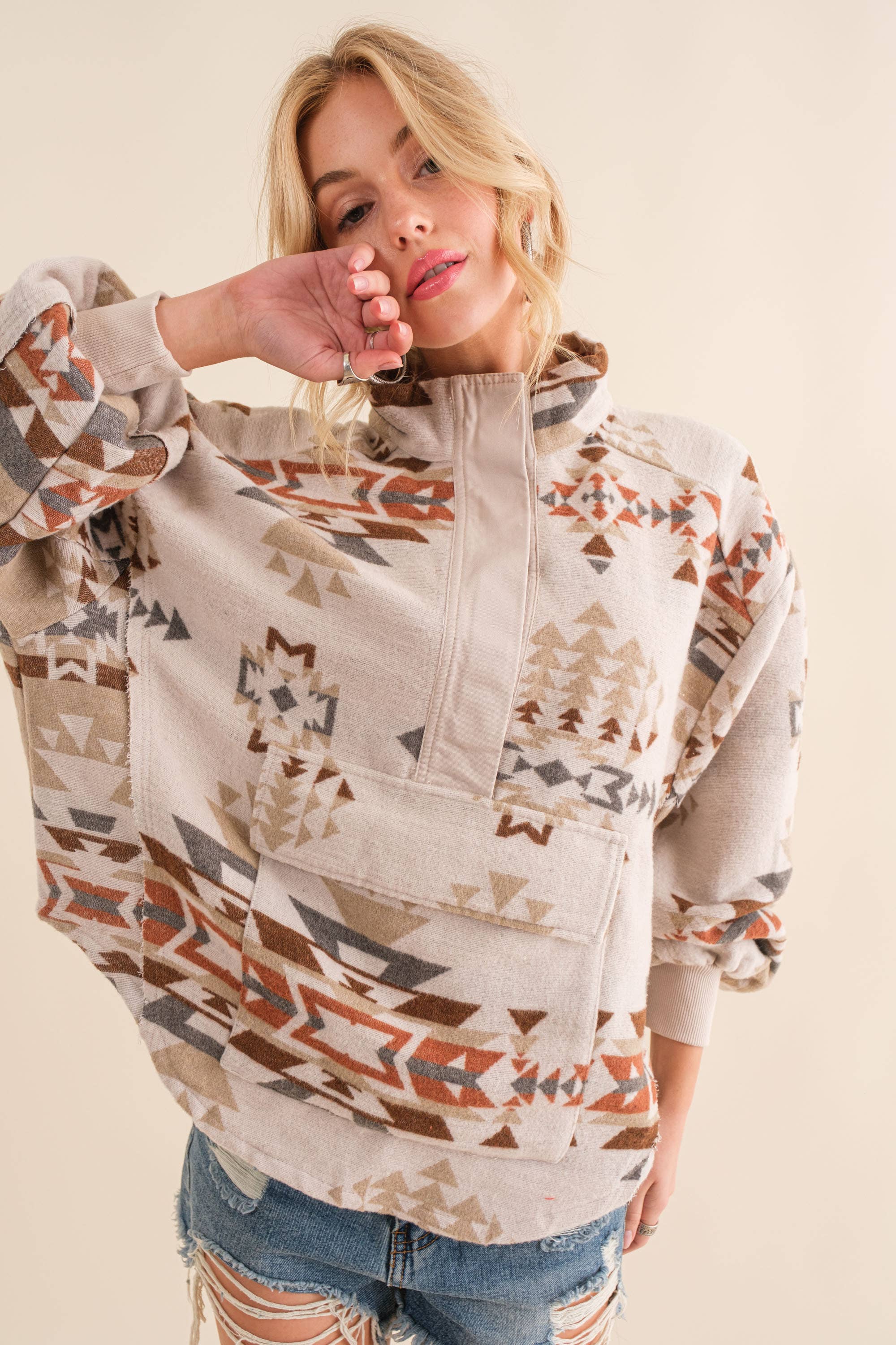 34198J - Blue B Exclusive Aztec Western Jacquard Pullover: S / TAUPE - Forever Western Boutique