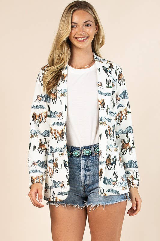 WESTERN WILD HORSES PRINT WOVEN BLAZER - Forever Western Boutique