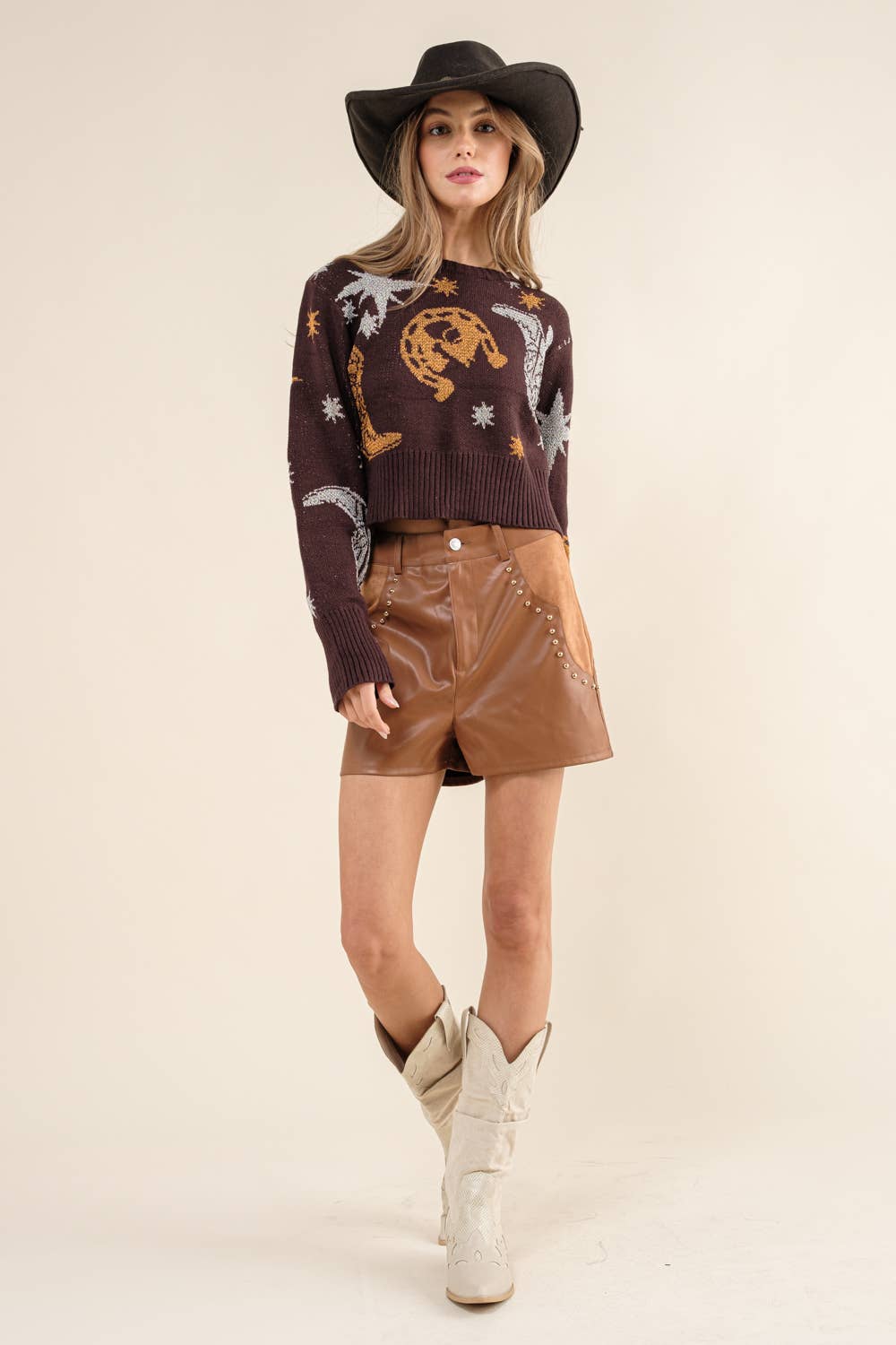 Western Metallic Cowboy Sweater: BROWN