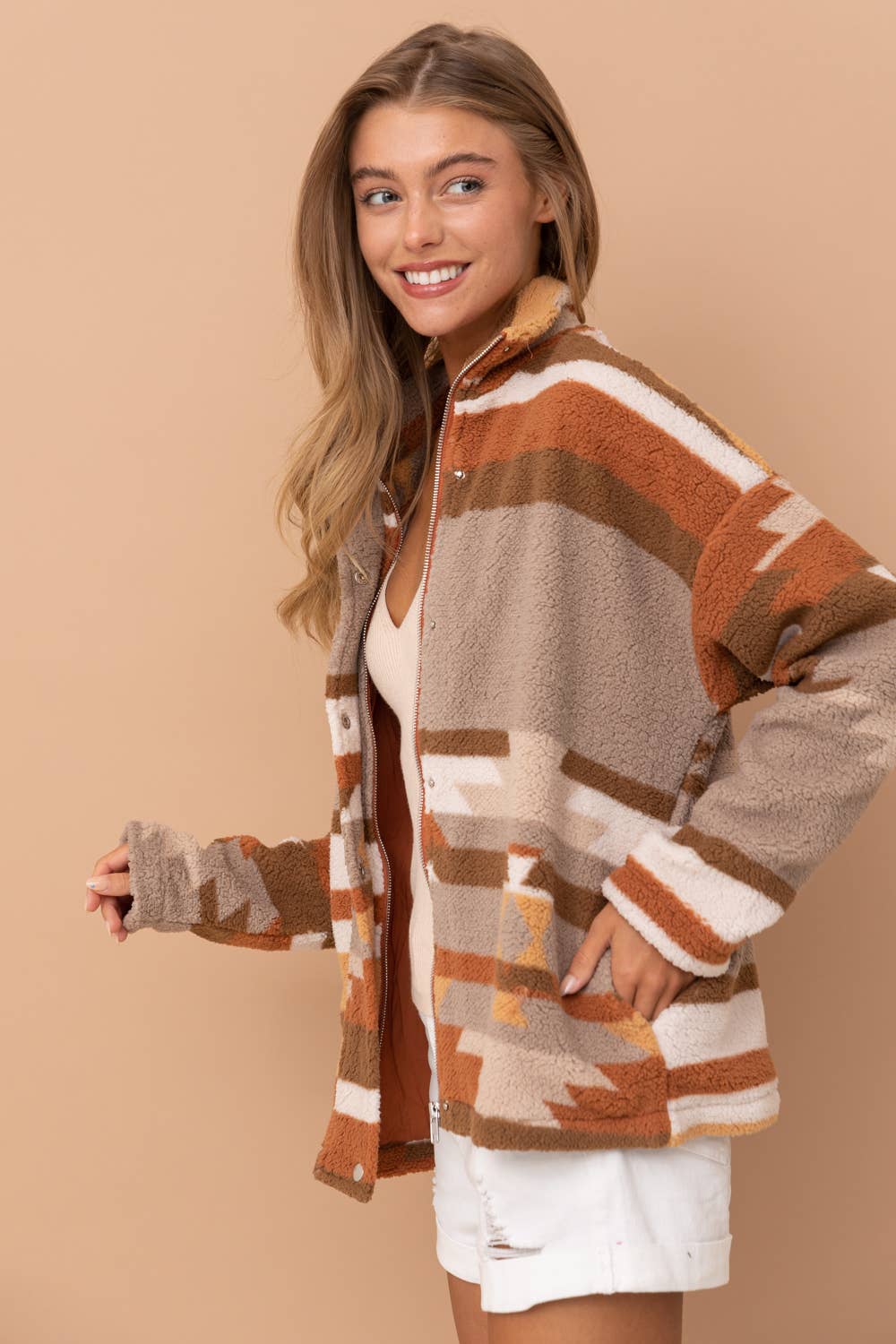 31851J - Aztec Soft Cozy Zip Up Lined Snap Up Jacket: SMALL / SIENNA - Forever Western Boutique