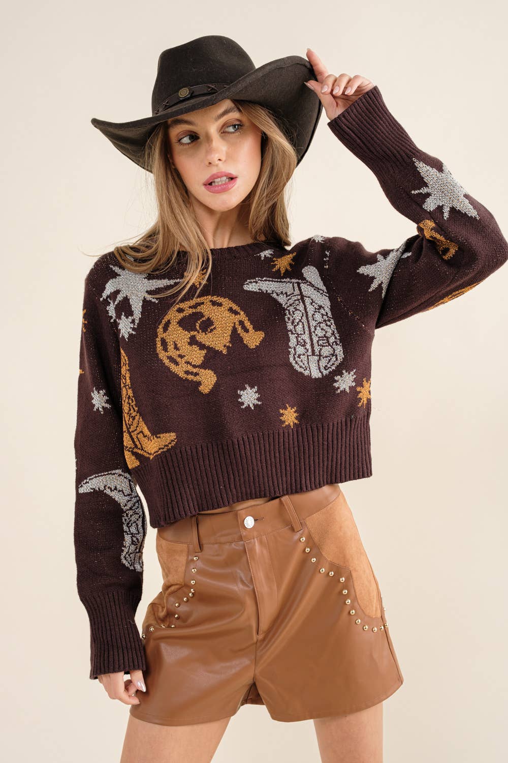 Western Metallic Cowboy Sweater: BROWN