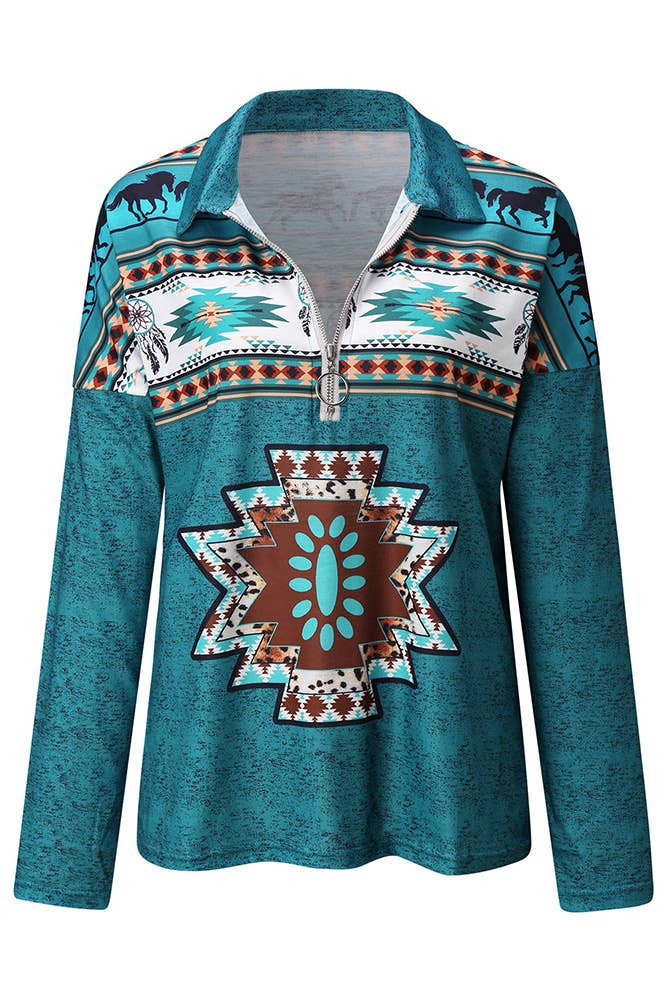 Zipper Turn Down Collar Aztec Print Long Sleeves Top SQ015: Blue / S - Forever Western Boutique