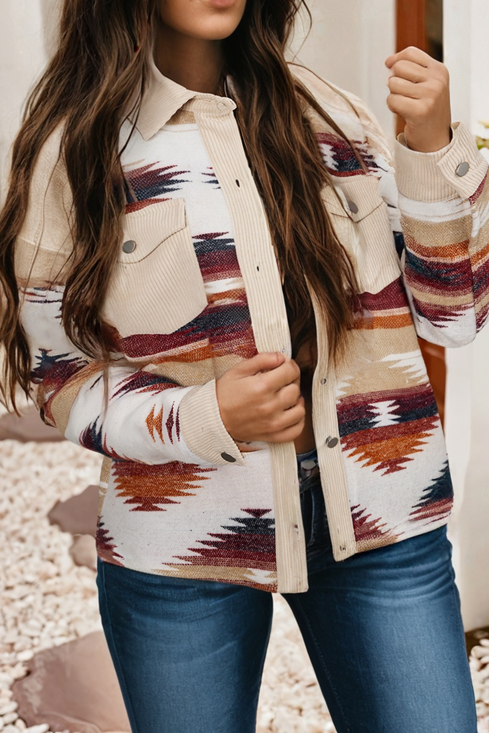 LDC Striped Patchwork Double Flap Pocket Raw Hem Shacket: Multicolour / S - Forever Western Boutique