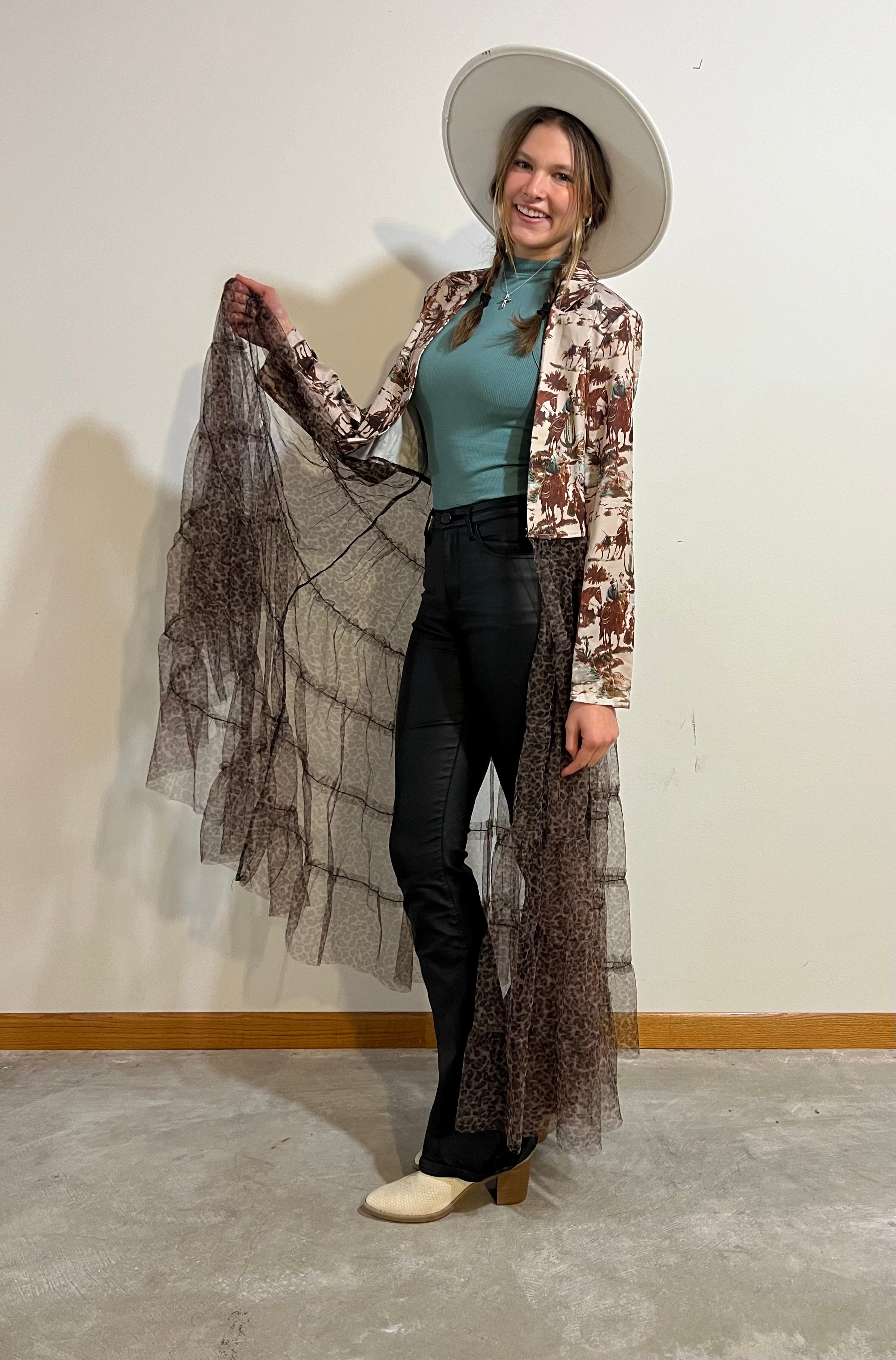 Cowboy Print Blazer with Tiered Mesh - Forever Western Boutique