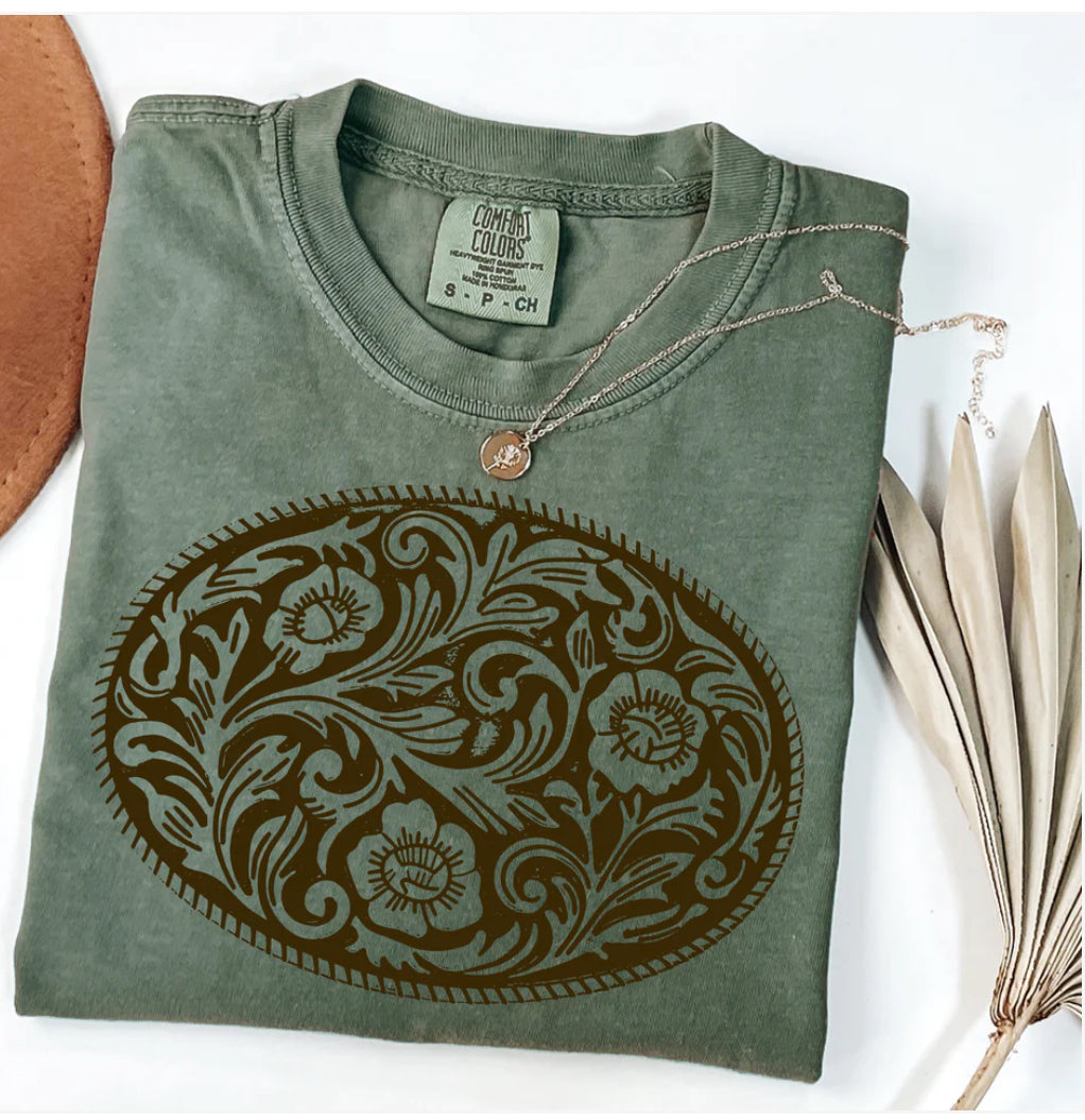 Brown Buckle Tee on Moss Green - Forever Western Boutique