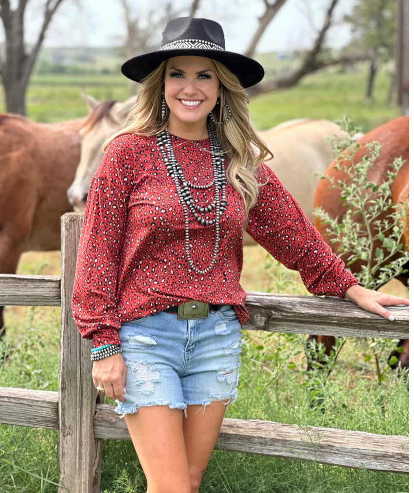 Remi Rust Leopard Long Sleeve Top - Forever Western Boutique