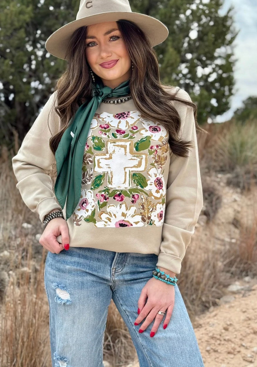 Callie’s Gold Floral Cross Sweatshirt - Forever Western Boutique