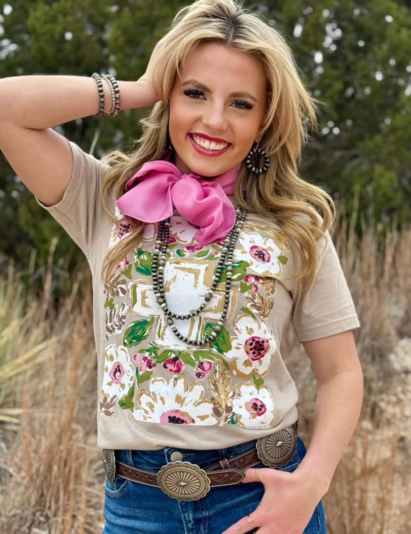 Callie’s Gold Flora Cross Tee - Forever Western Boutique