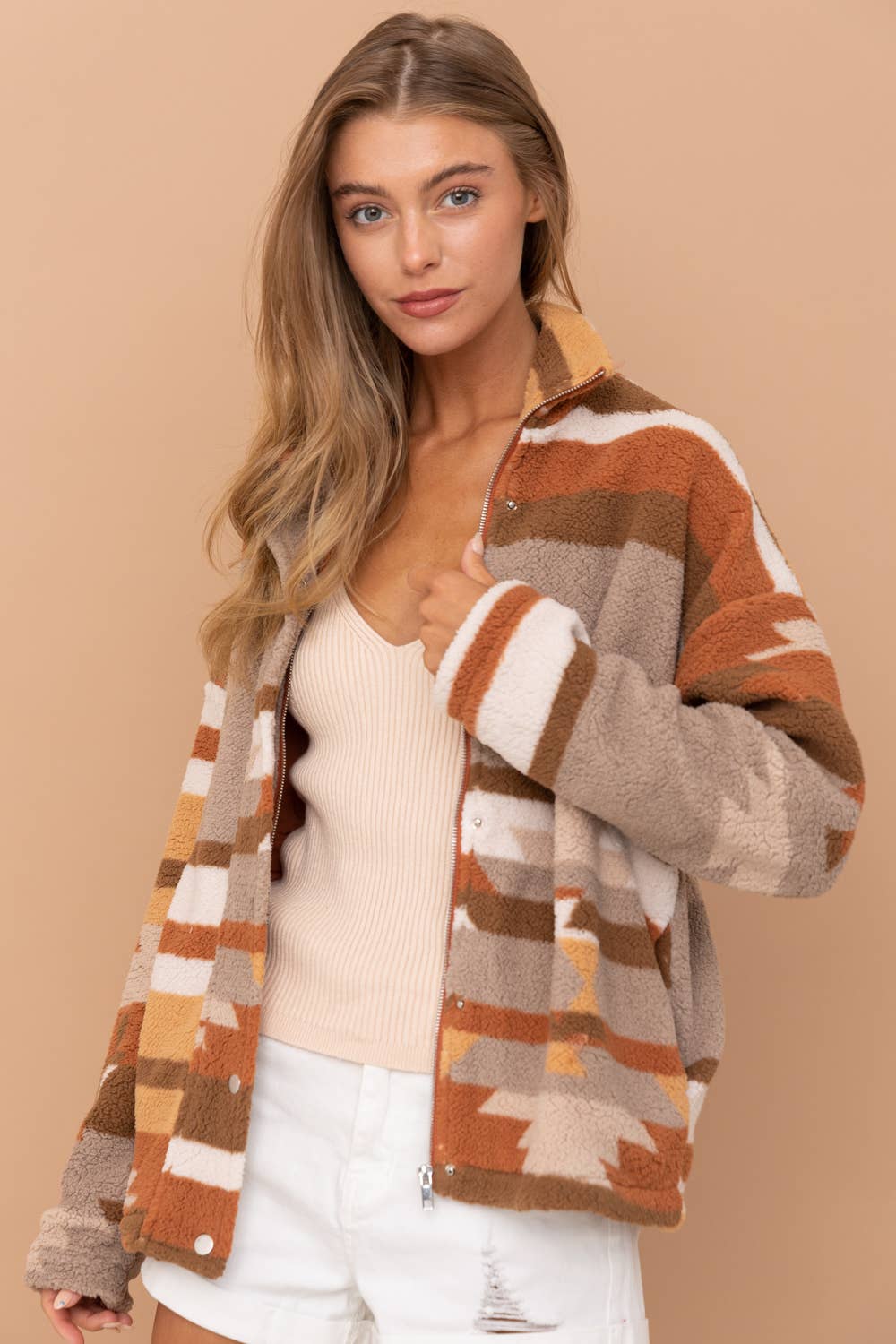31851J - Aztec Soft Cozy Zip Up Lined Snap Up Jacket: SMALL / SIENNA - Forever Western Boutique