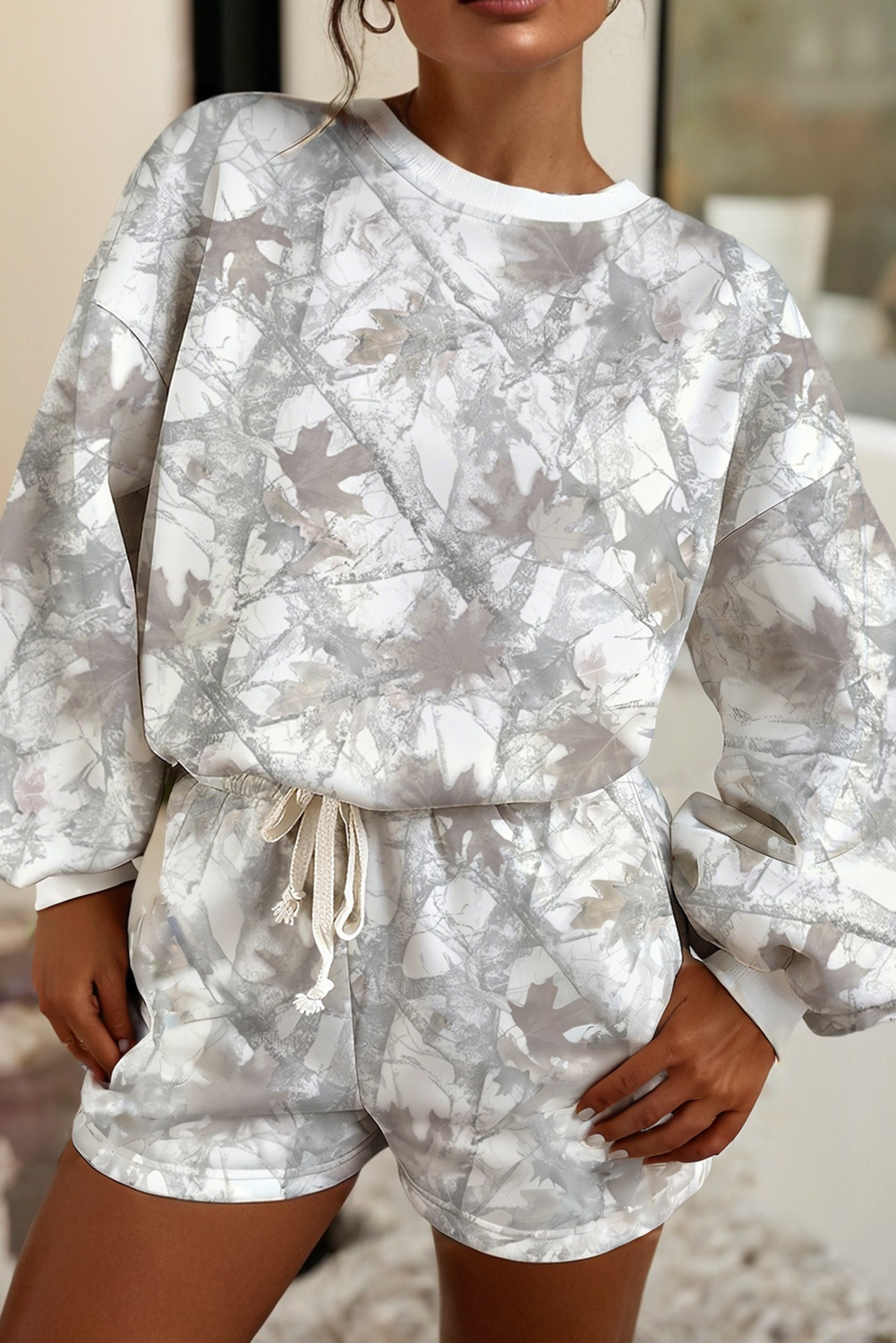 LDC Abstract Round Neck Two piece Camo Girl Set: Light Grey / S - Forever Western Boutique