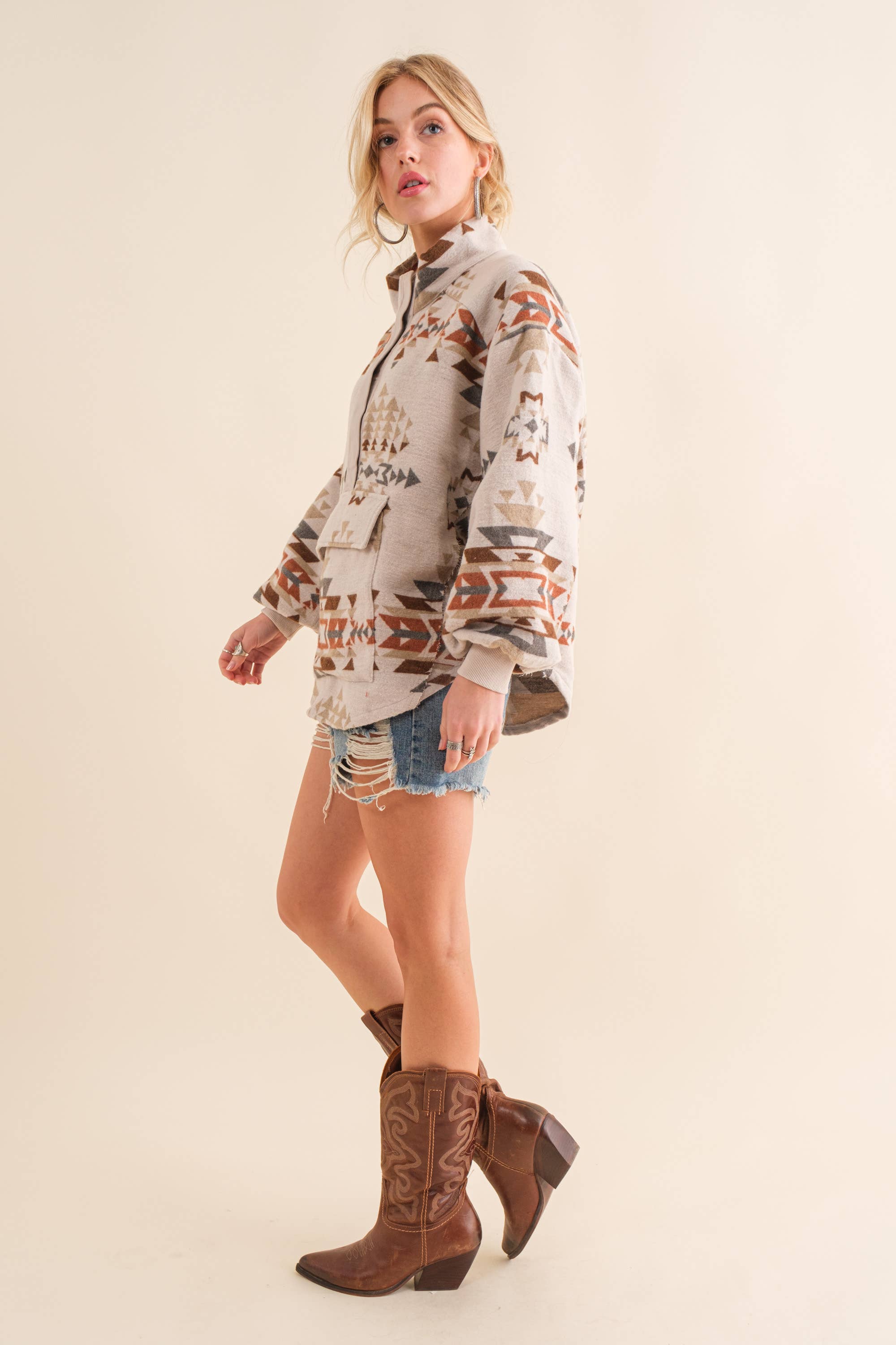 34198J - Blue B Exclusive Aztec Western Jacquard Pullover: S / TAUPE - Forever Western Boutique