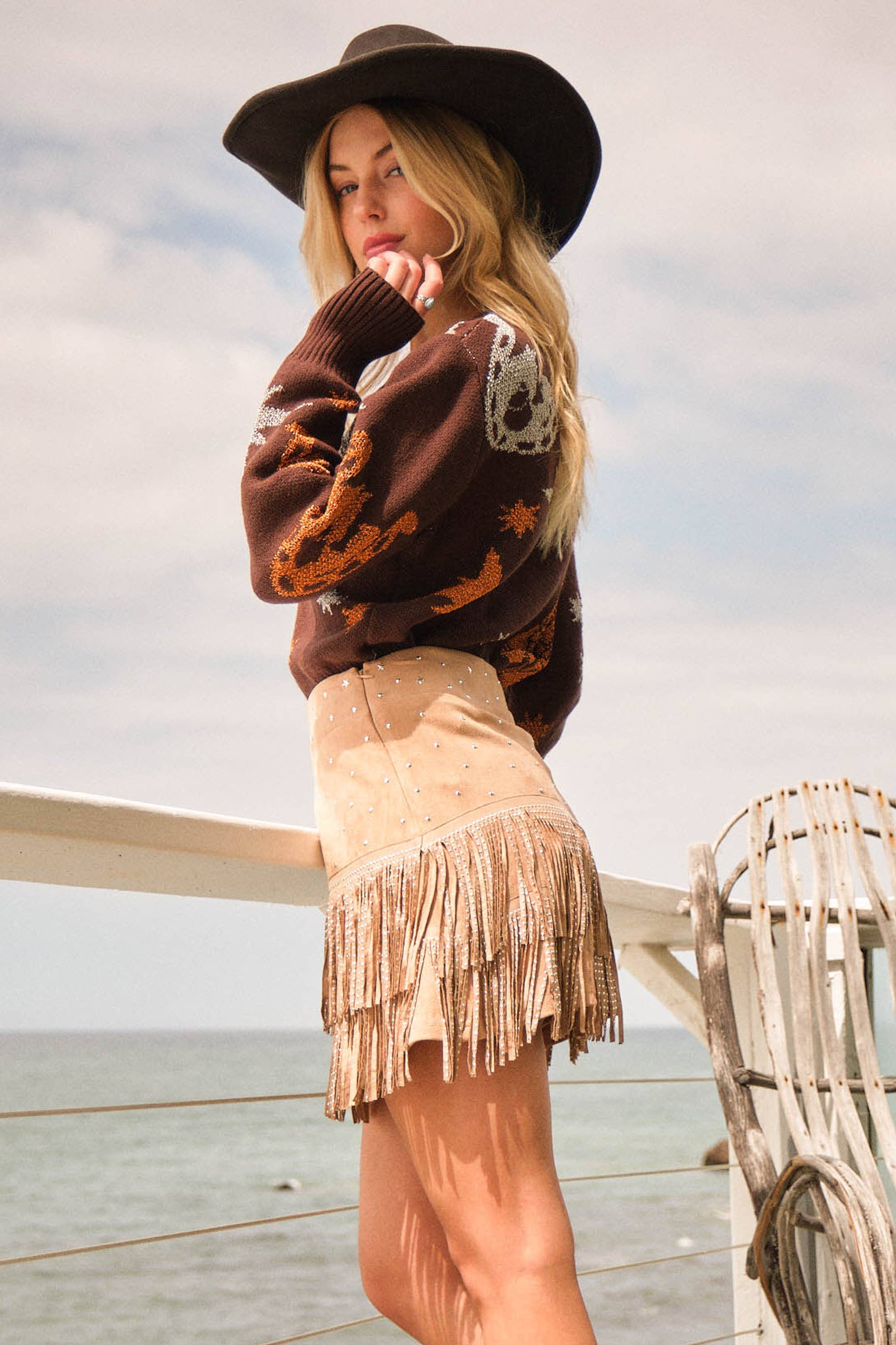 Western Metallic Cowboy Sweater: BROWN