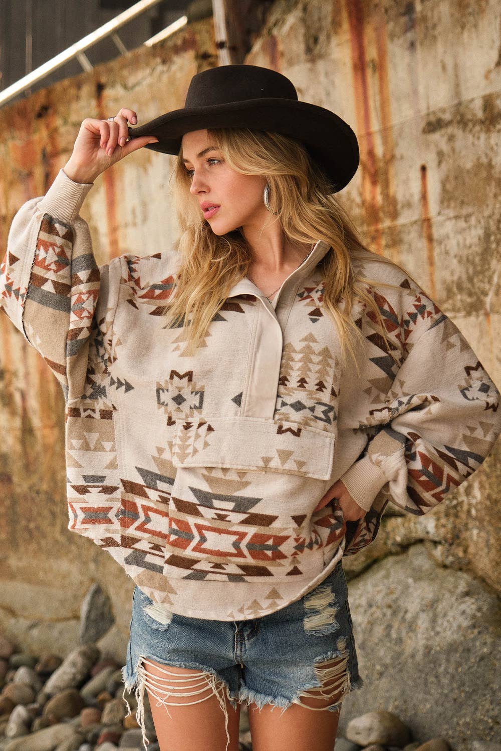 34198J - Blue B Exclusive Aztec Western Jacquard Pullover: S / TAUPE - Forever Western Boutique