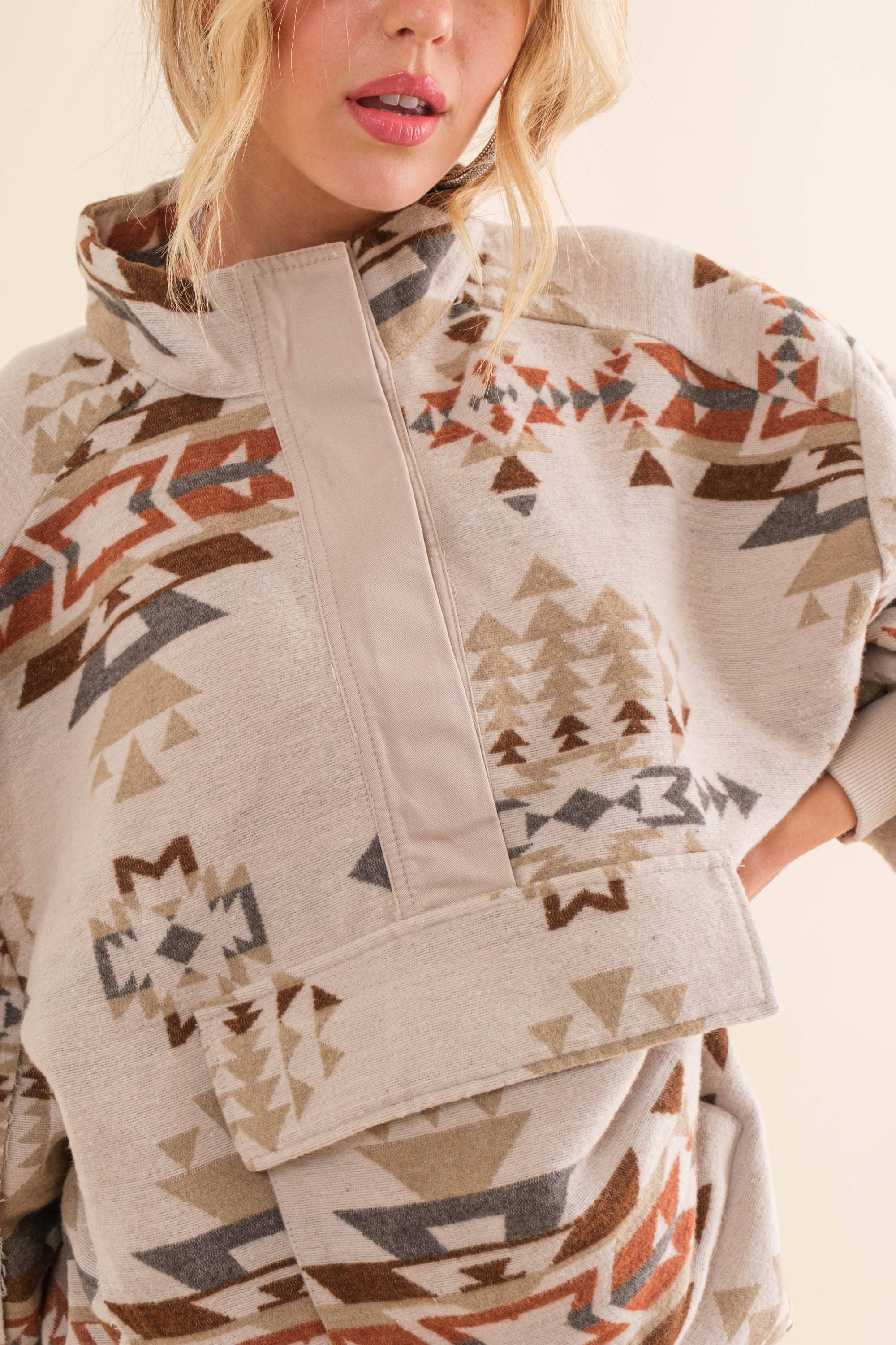 34198J - Blue B Exclusive Aztec Western Jacquard Pullover: S / TAUPE - Forever Western Boutique