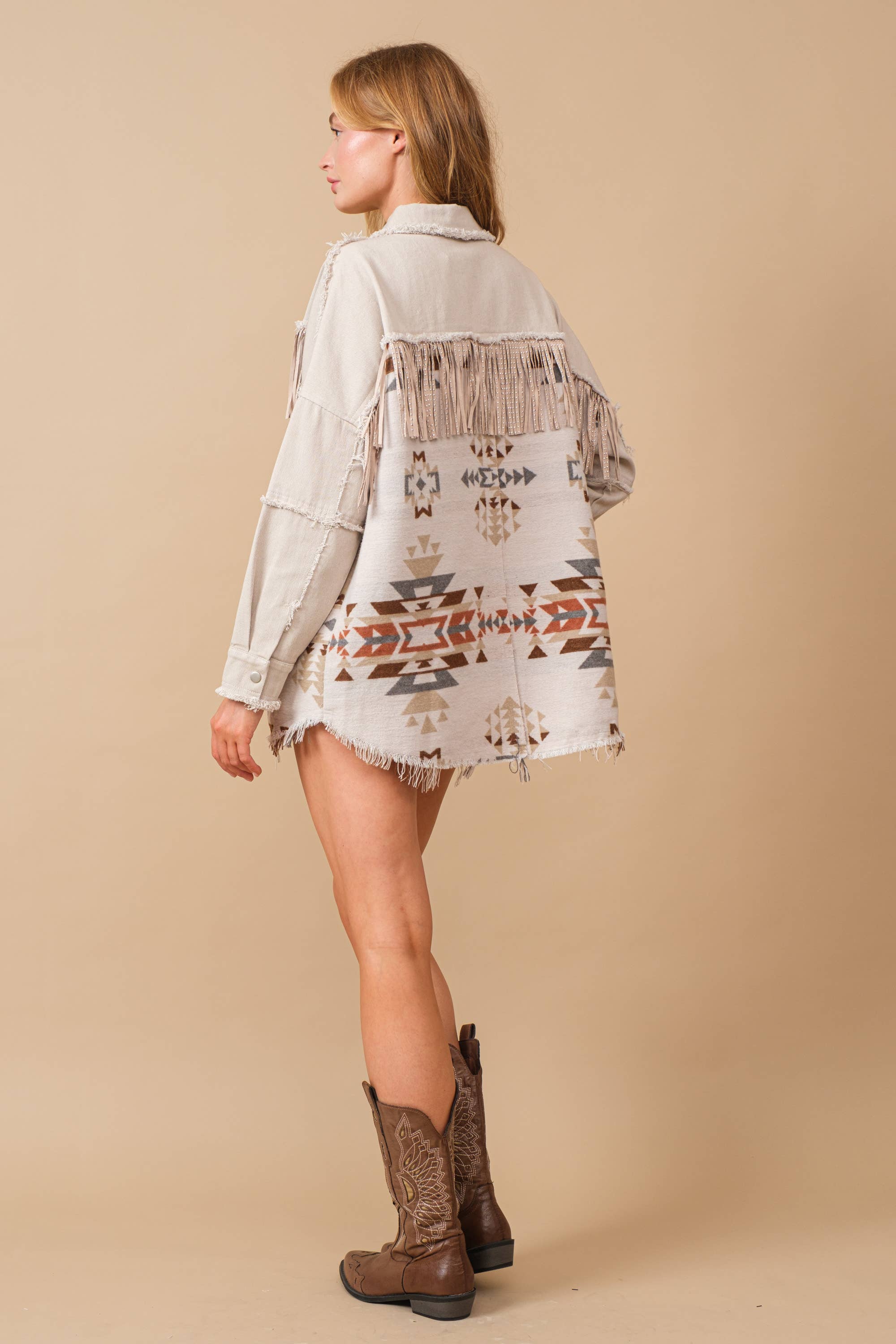 34260J - Blue B Exclusive Aztec Contrast Frayed Shirt Jacket: TAUPE / S - Forever Western Boutique