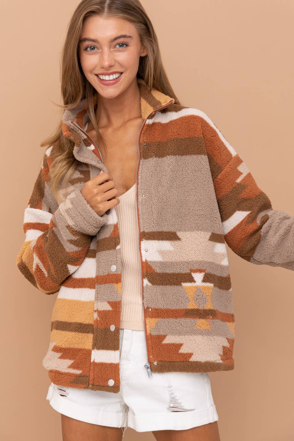 31851J - Aztec Soft Cozy Zip Up Lined Snap Up Jacket: SMALL / SIENNA - Forever Western Boutique