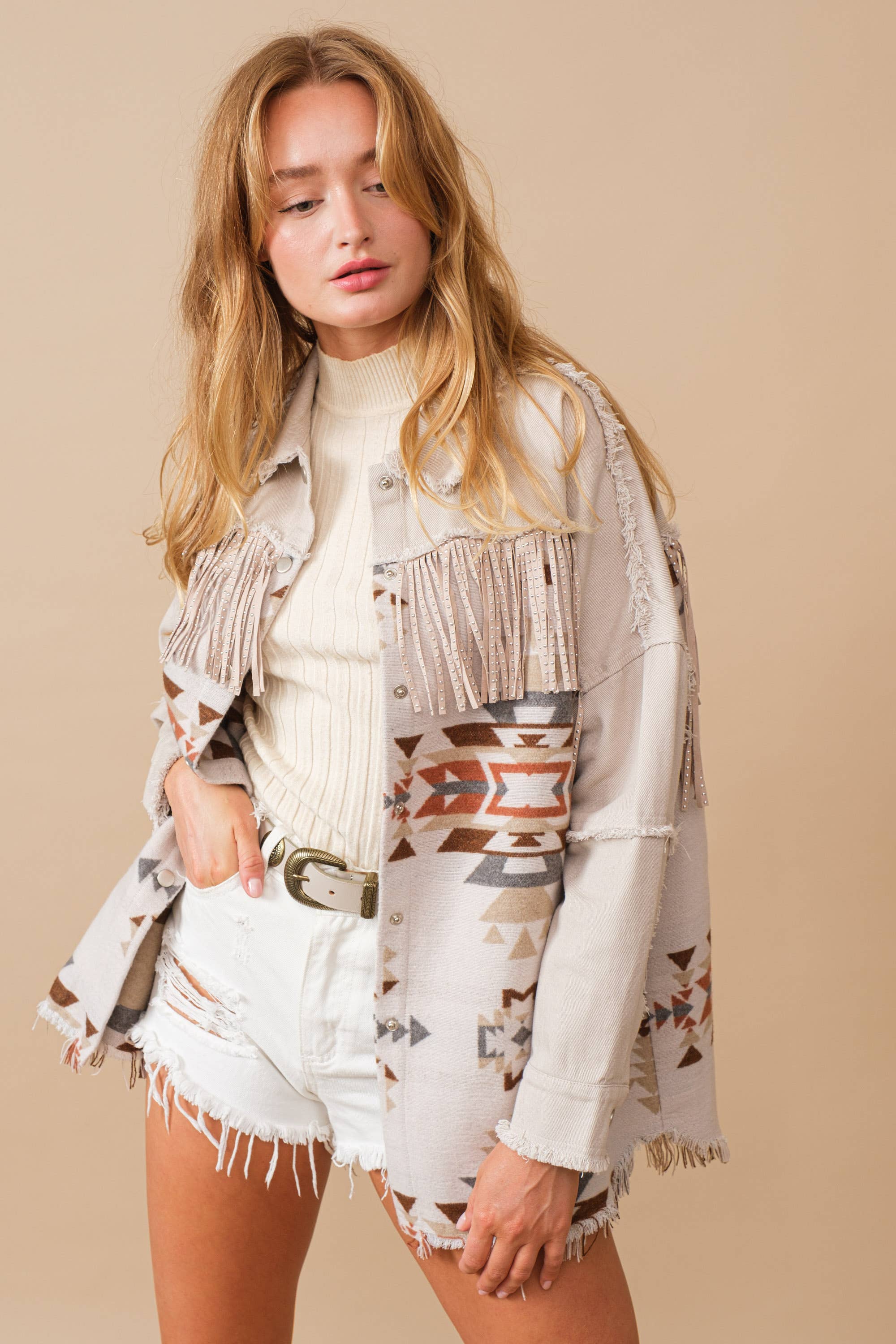 34260J - Blue B Exclusive Aztec Contrast Frayed Shirt Jacket: TAUPE / S - Forever Western Boutique