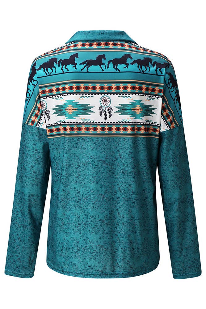 Zipper Turn Down Collar Aztec Print Long Sleeves Top SQ015: Blue / S - Forever Western Boutique