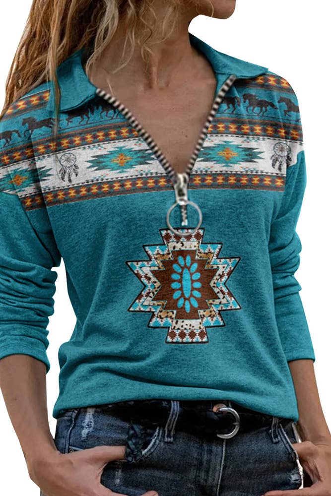 Zipper Turn Down Collar Aztec Print Long Sleeves Top SQ015: Blue / S - Forever Western Boutique