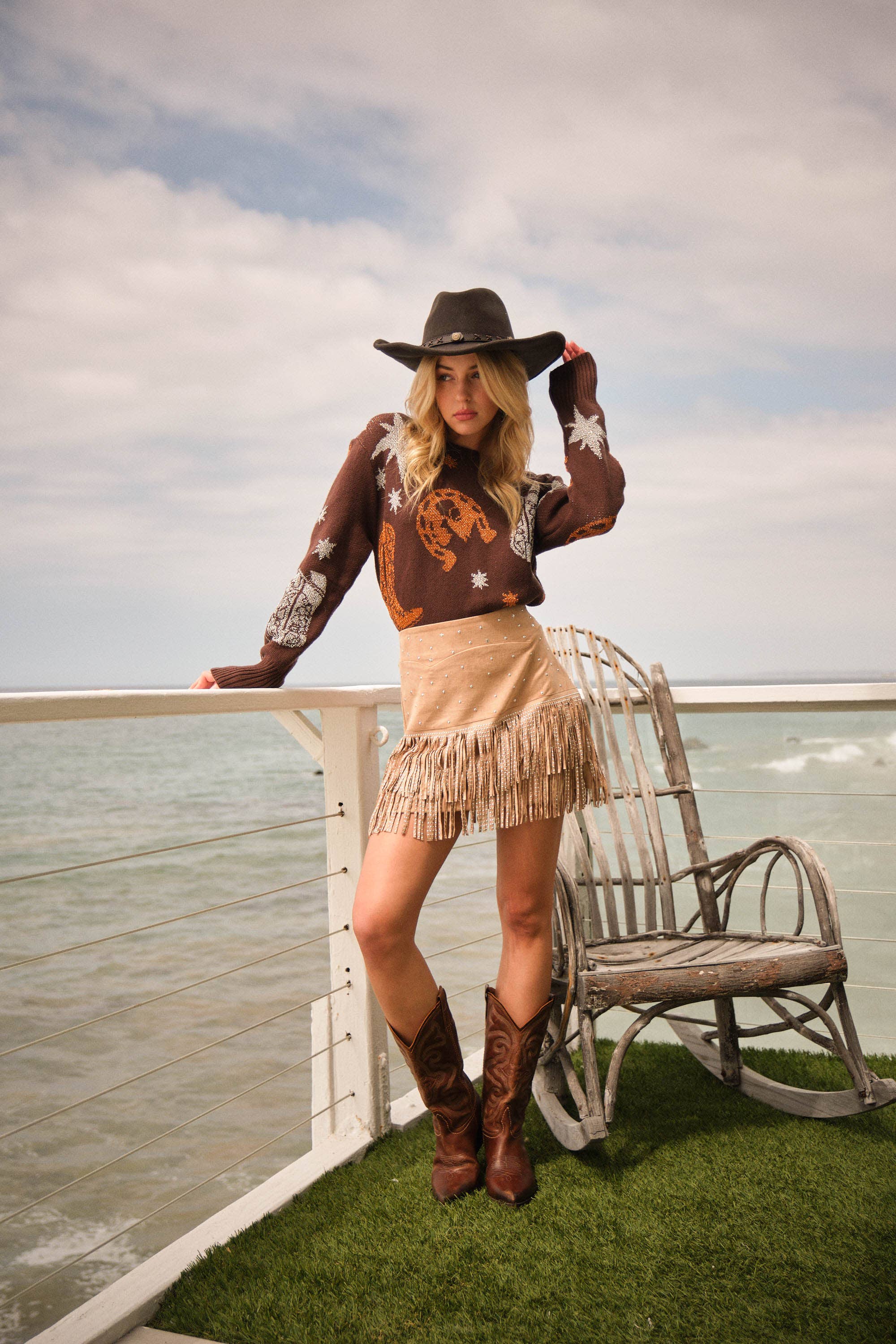 Western Metallic Cowboy Sweater: BROWN