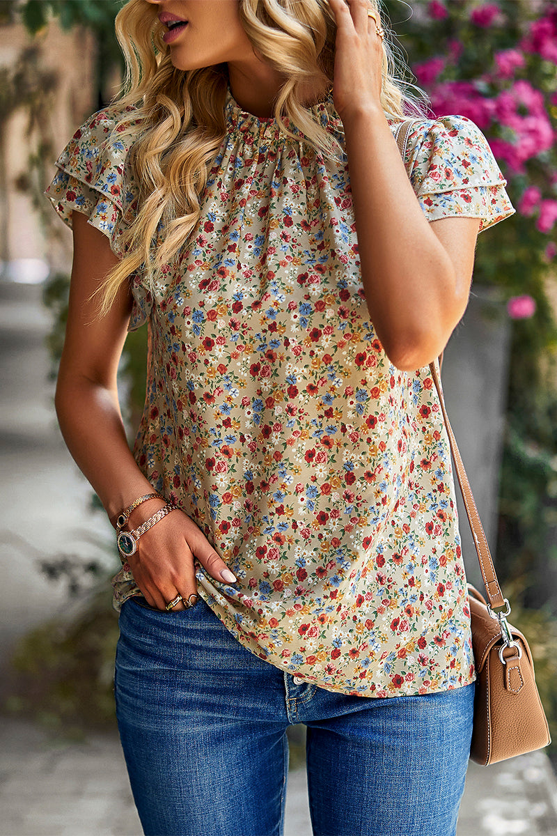Khaki Floral Ruffle Top - Forever Western Boutique