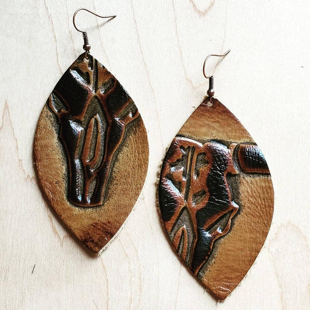 Leather Oval Tan Steer Head Earrings - Forever Western Boutique