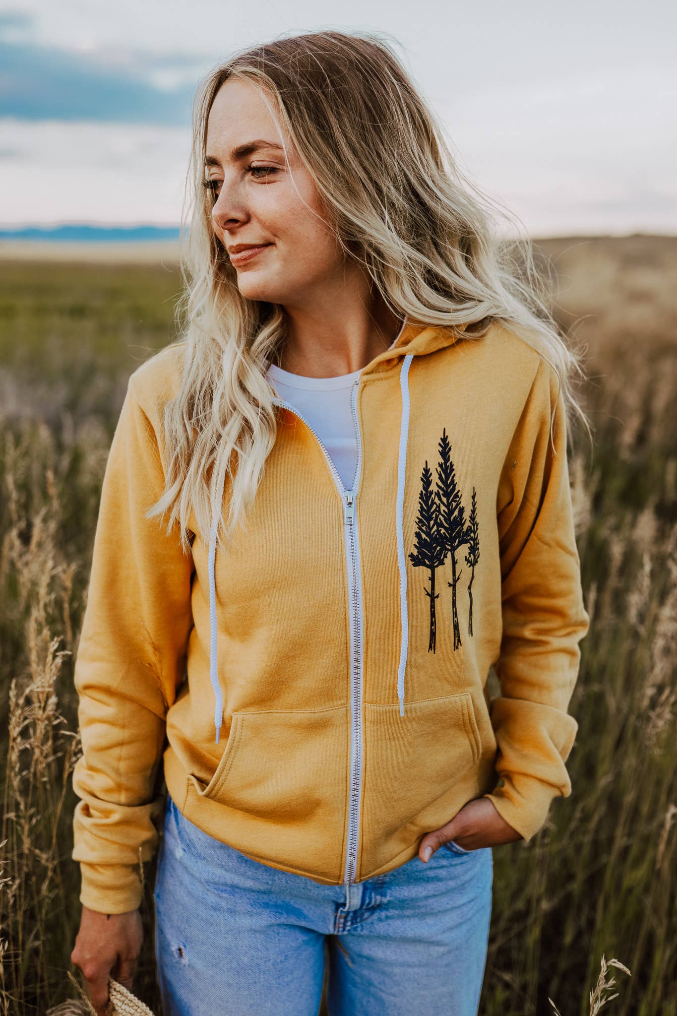 Rustic Three Tree Unisex Zip Hoodie- Mustard - Forever Western Boutique