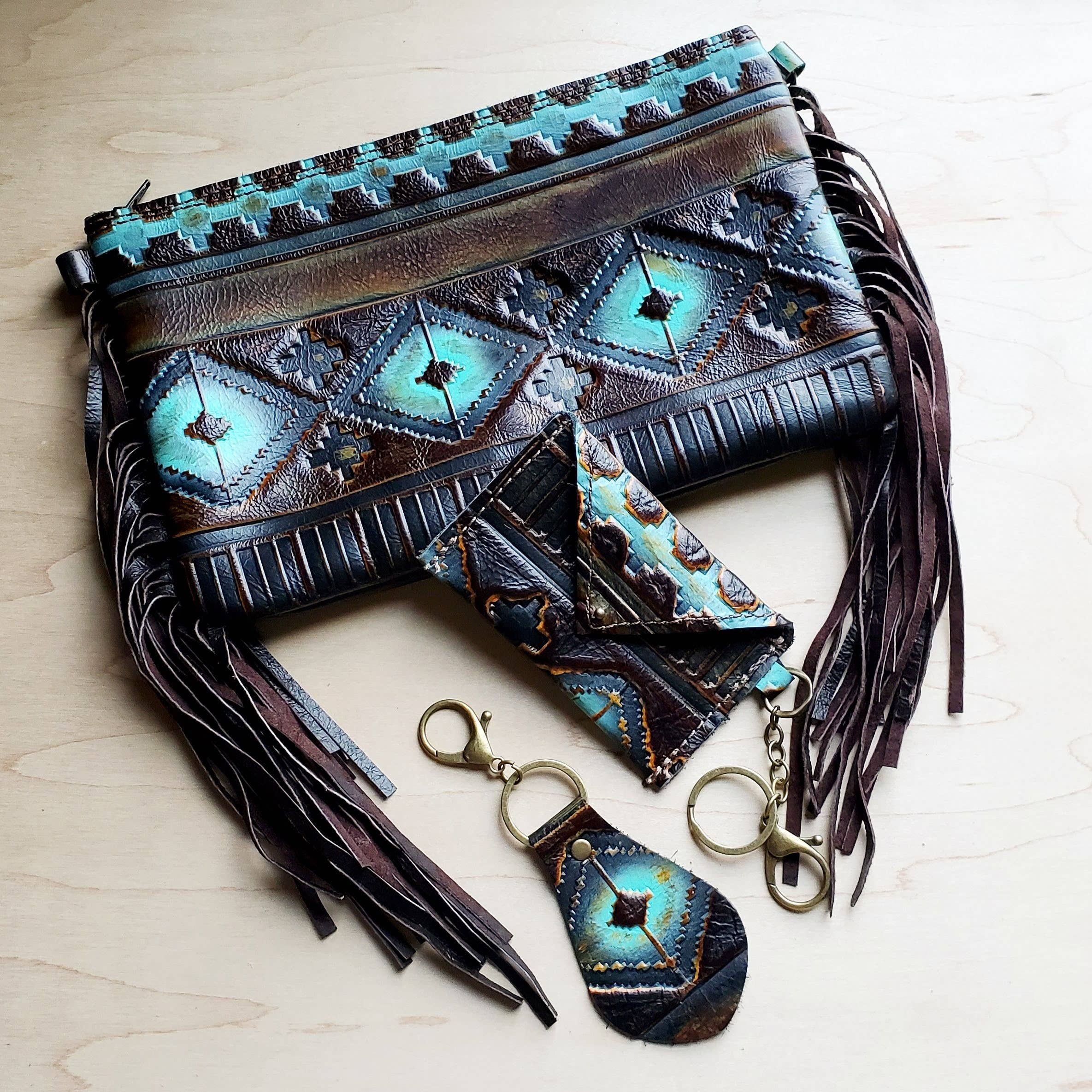 Blue Navajo Leather Embossed Clutch Handbag - Forever Western Boutique