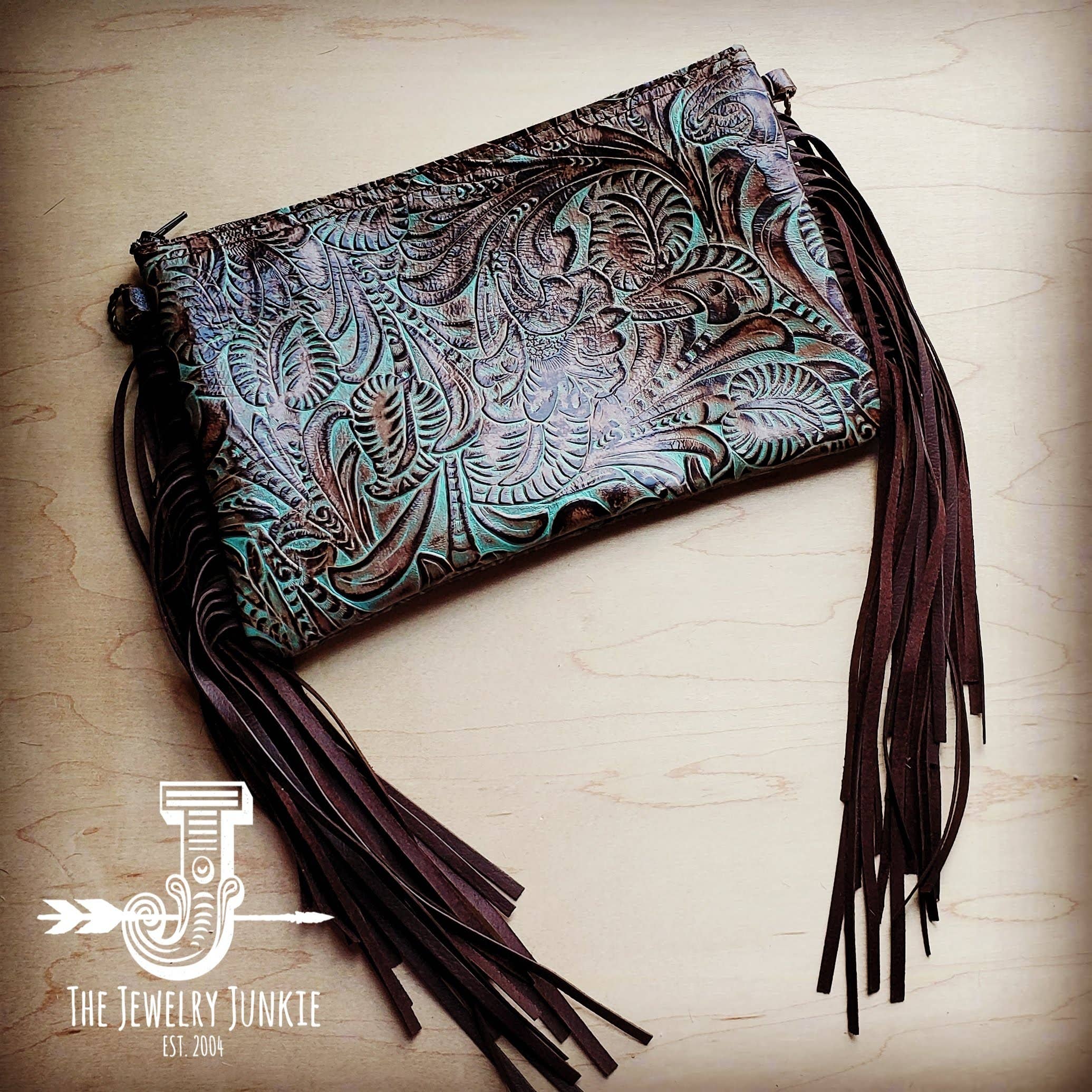 Embossed Turquoise Brown Floral Leather Clutch Handbag - Forever Western Boutique