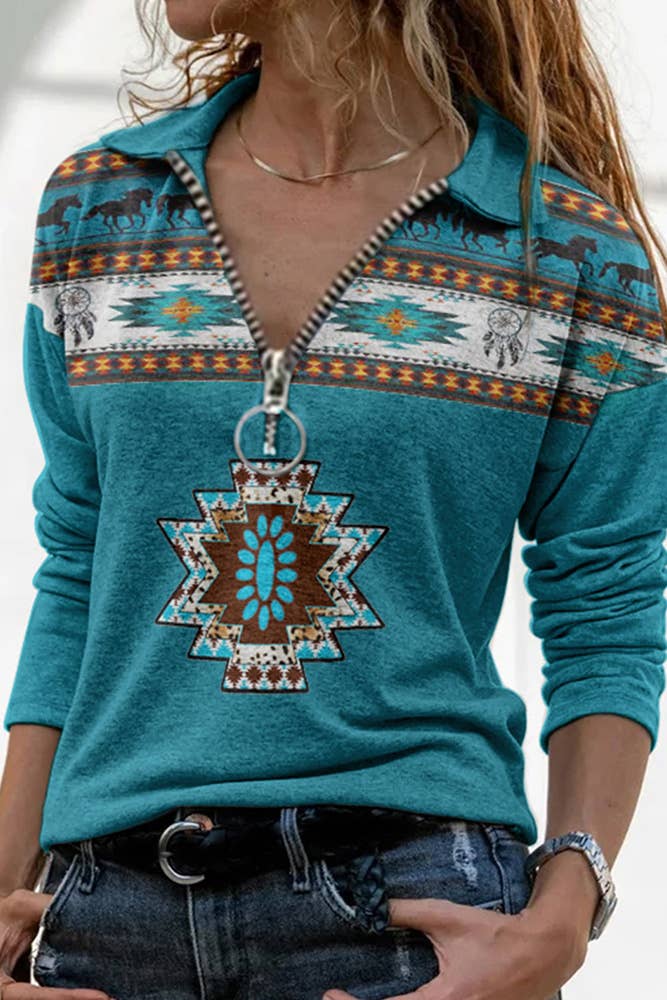 Zipper Turn Down Collar Aztec Print Long Sleeves Top SQ015: Blue / S - Forever Western Boutique