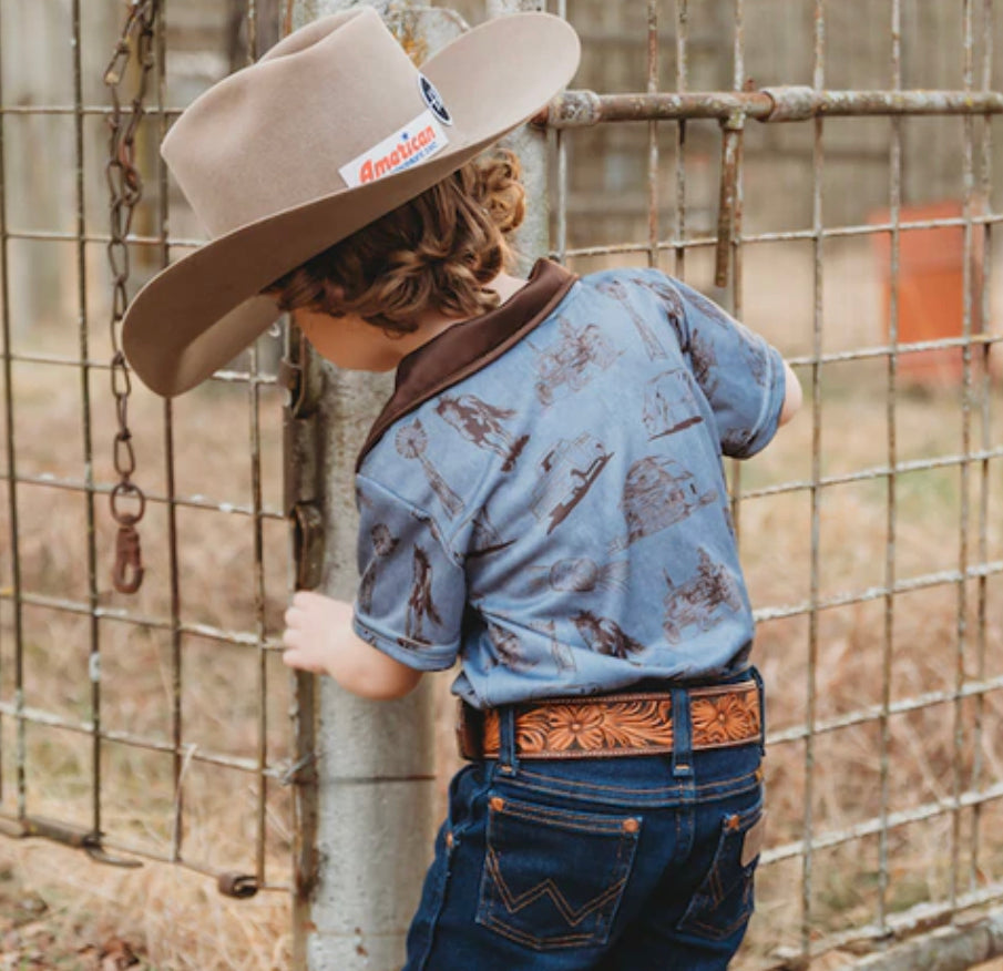 Boys Blue Farm Print Polo - Forever Western Boutique