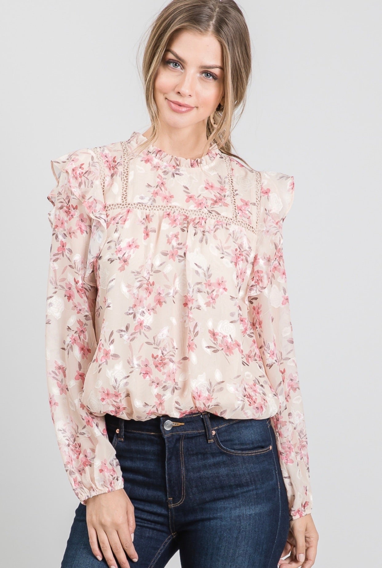 Cuffed Printed Blouse Bodysuit with Trim Detail - Forever Western Boutique