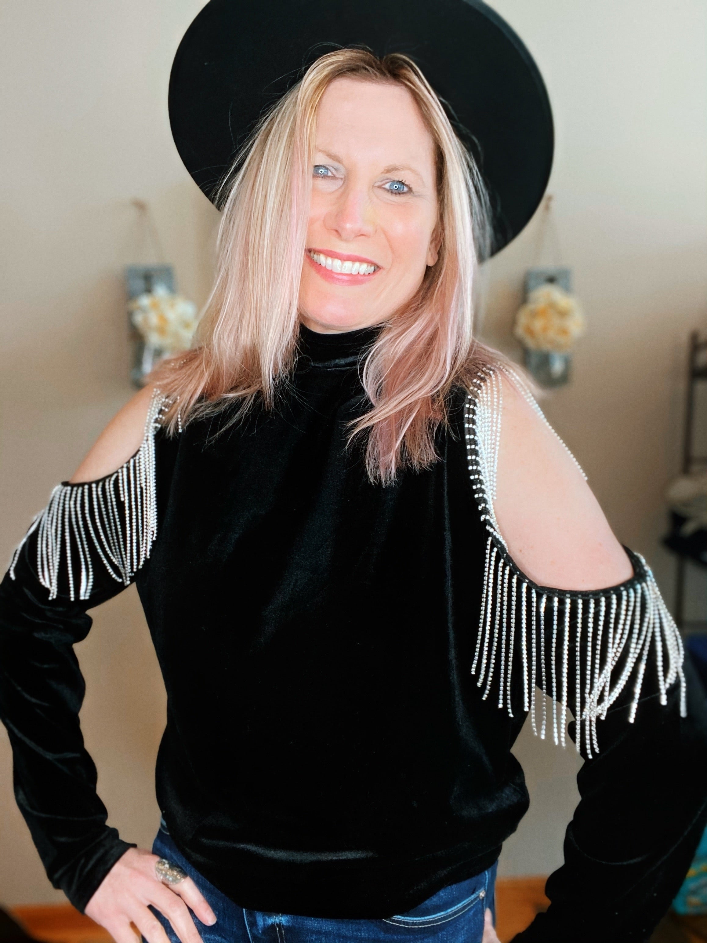 Soft Velvet Rhinestone Fringe Top - Forever Western Boutique