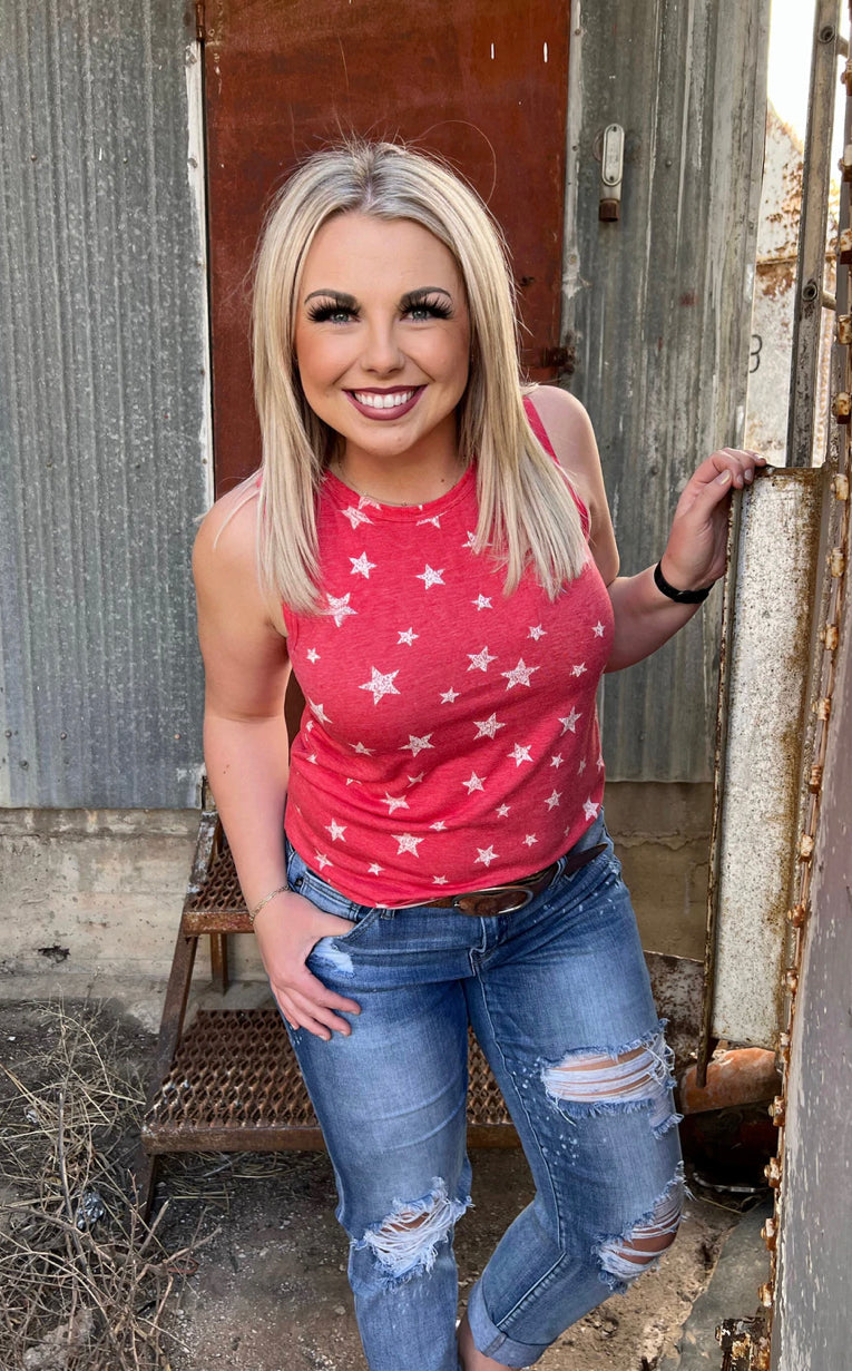 Heather Red Sleeveless Tank With Stars - Forever Western Boutique