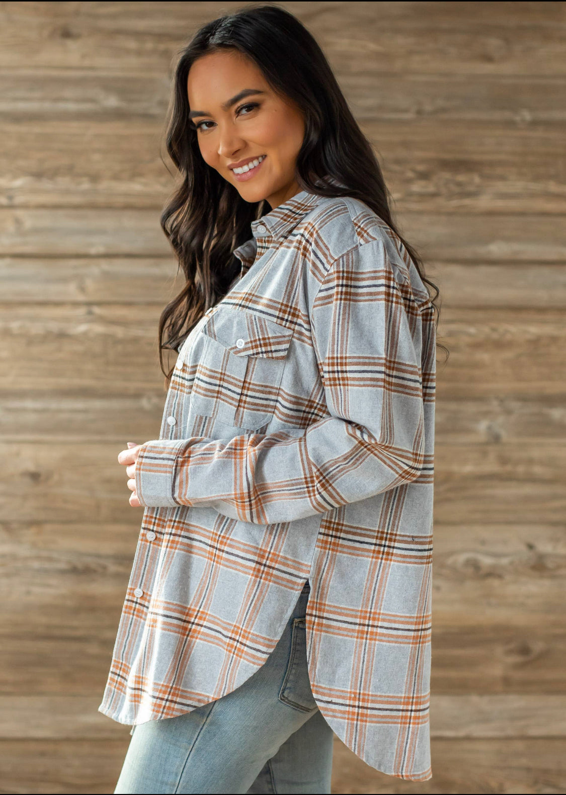 Grey, Camel & White Plaid Flannel - Forever Western Boutique