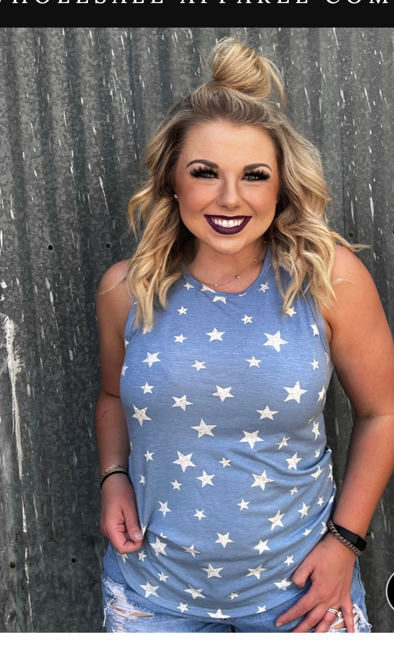 Powder Blue Sleeveless Tank With Stars - Forever Western Boutique