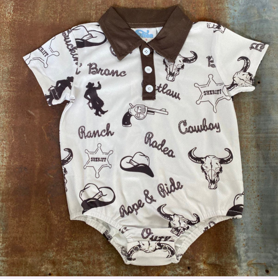 Boys Onesie White Cowboy Print Polo - Forever Western Boutique