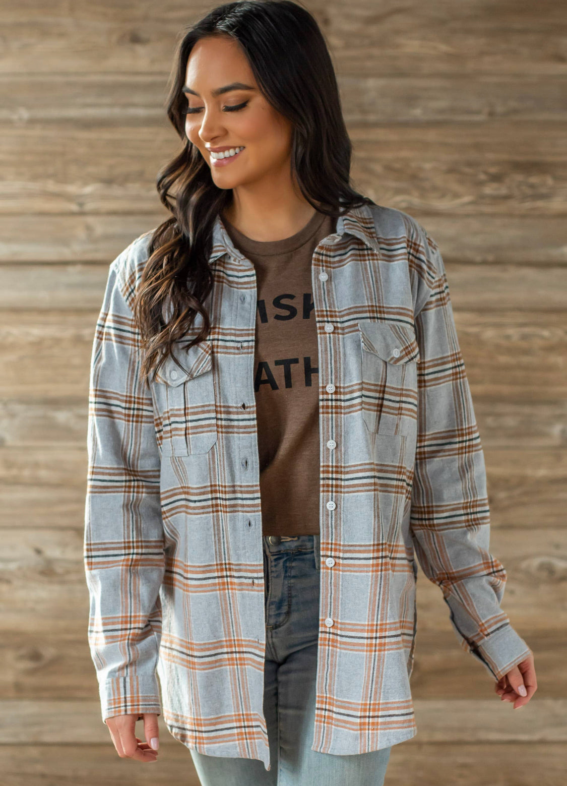 Grey, Camel & White Plaid Flannel - Forever Western Boutique