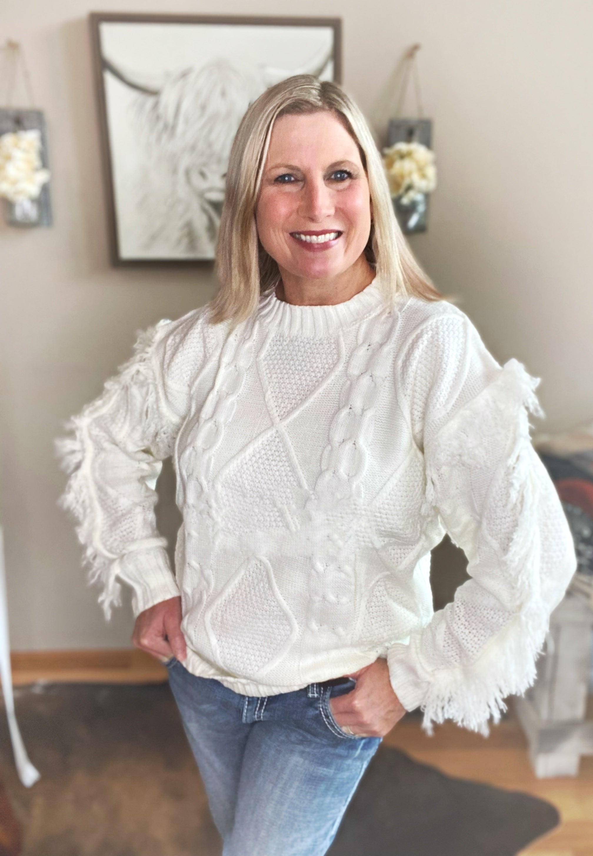 Fringe Cable Knit Sweater - Forever Western Boutique