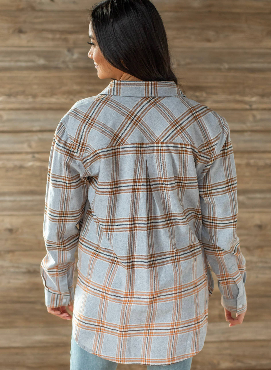 Grey, Camel & White Plaid Flannel - Forever Western Boutique