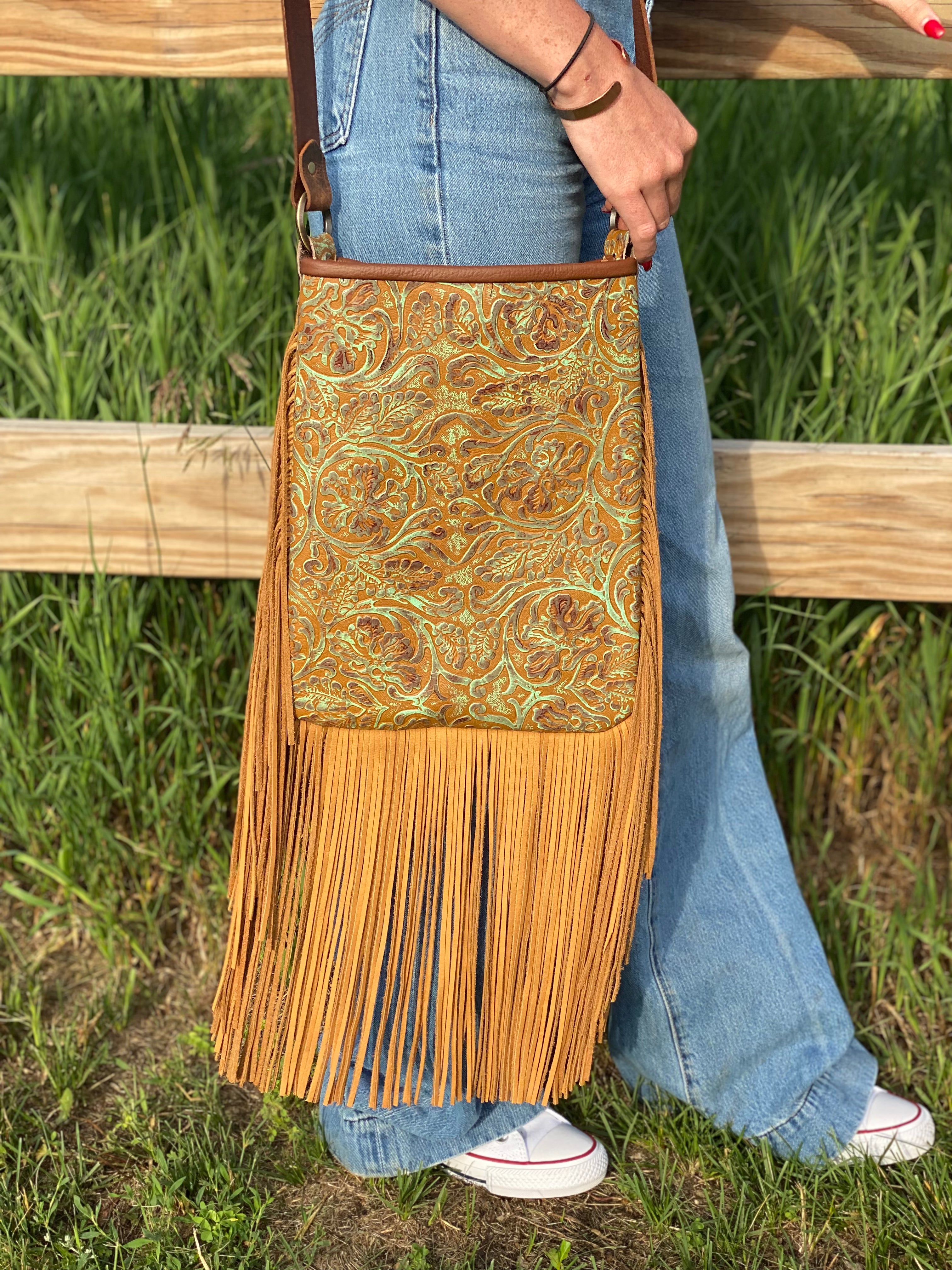 Medium Brown-Turquoise Tooled Handbag - Forever Western Boutique