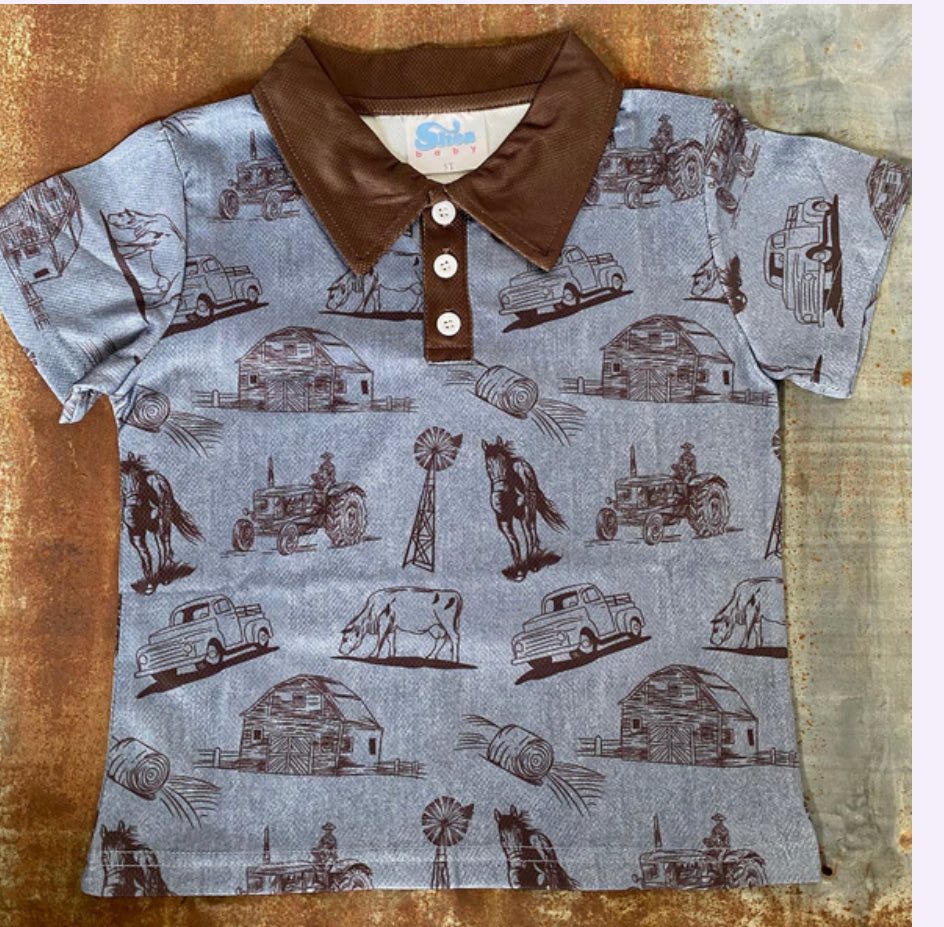 Boys Blue Farm Print Polo - Forever Western Boutique