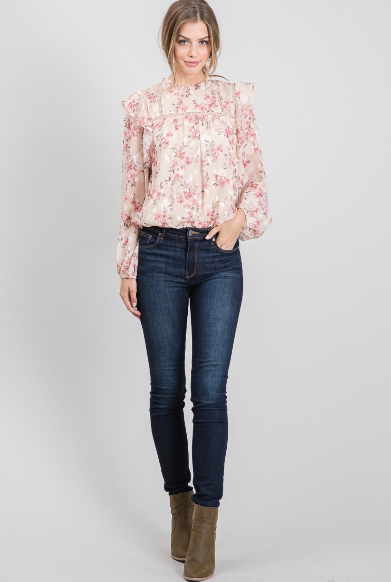 Cuffed Printed Blouse Bodysuit with Trim Detail - Forever Western Boutique